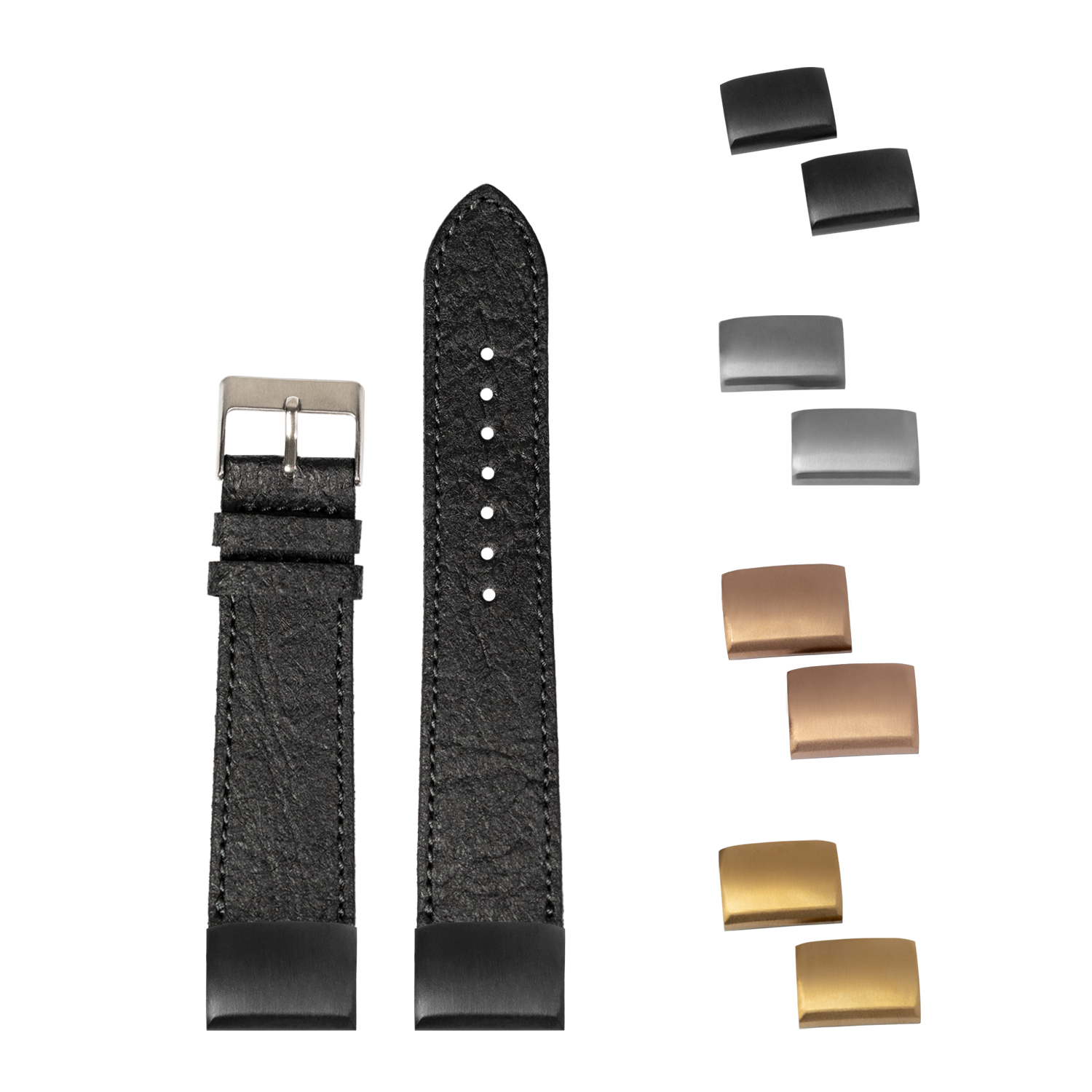 QuickFit pineapple vegan leather black 20mm watch strap with interchangeable metal buckles in gold, rose gold and silver finishes