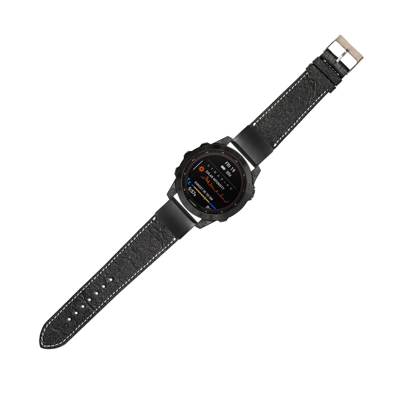 Black vegan leather smartwatch band with white stitching, 20mm QuickFit strap for tactical military-style watch