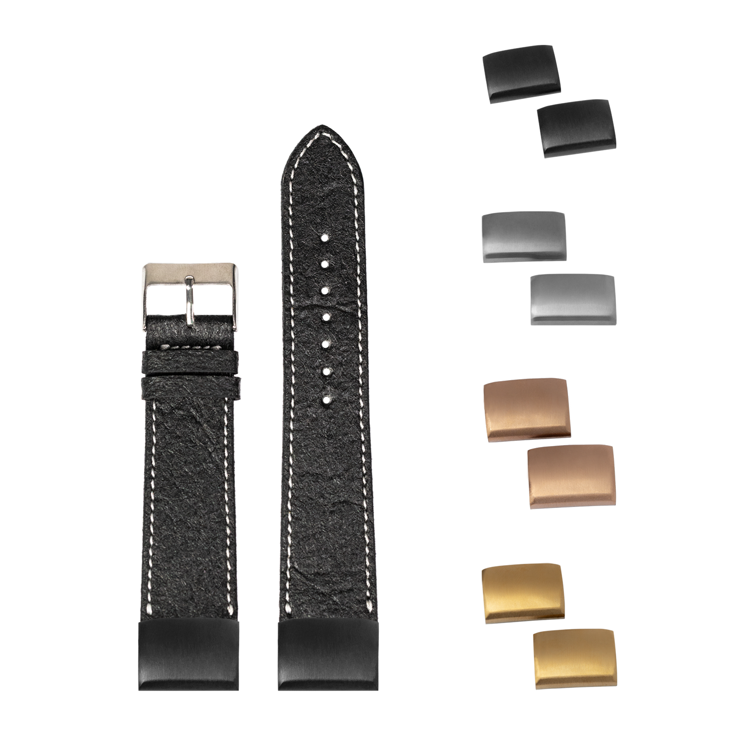 Black vegan leather watch strap 20mm with white stitching, buckle, and interchangeable metal hardware in gold and silver finishes
