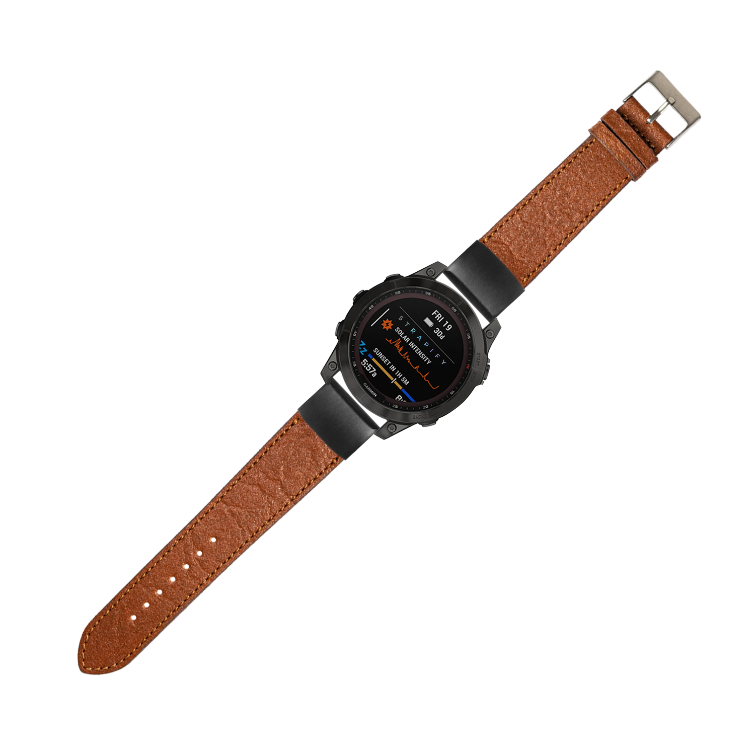 Black smartwatch with AMOLED display and brown vegan leather quick-fit band with silver buckle