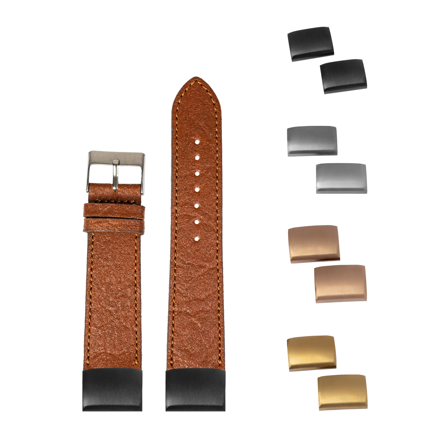 Brown vegan leather watch strap with interchangeable metal buckles in silver, gunmetal, rose gold, and gold finishes