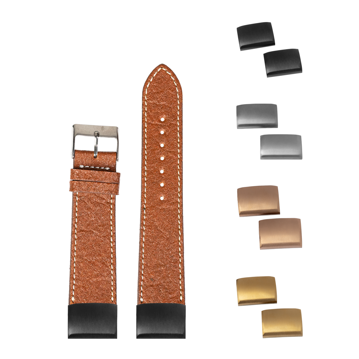 Brown vegan leather watch strap with white stitching, interchangeable buckles in black, silver, and gold finishes, 20mm quick-fit band