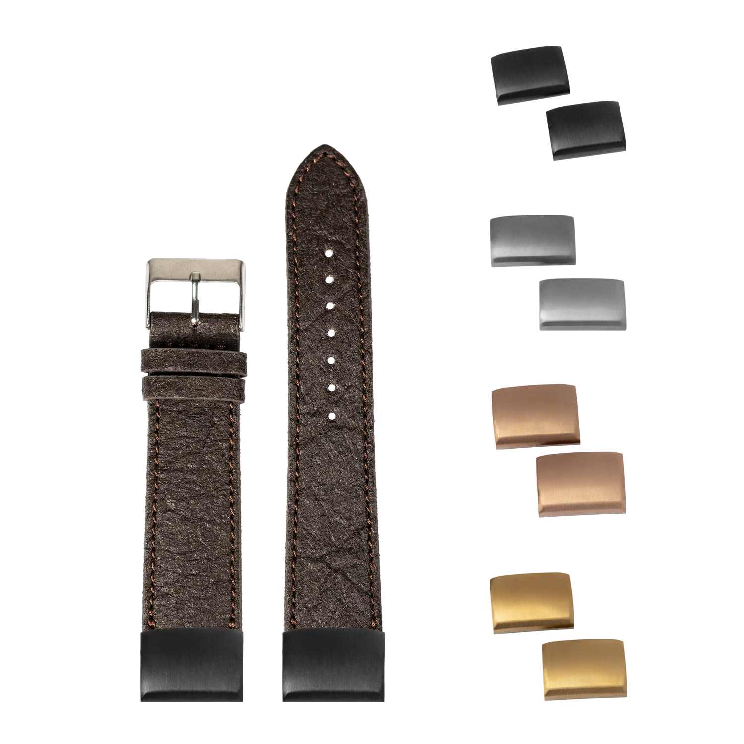 QuickFit pineapple vegan leather dark brown 20mm watch band with interchangeable metal buckles in black, silver, and gold finishes