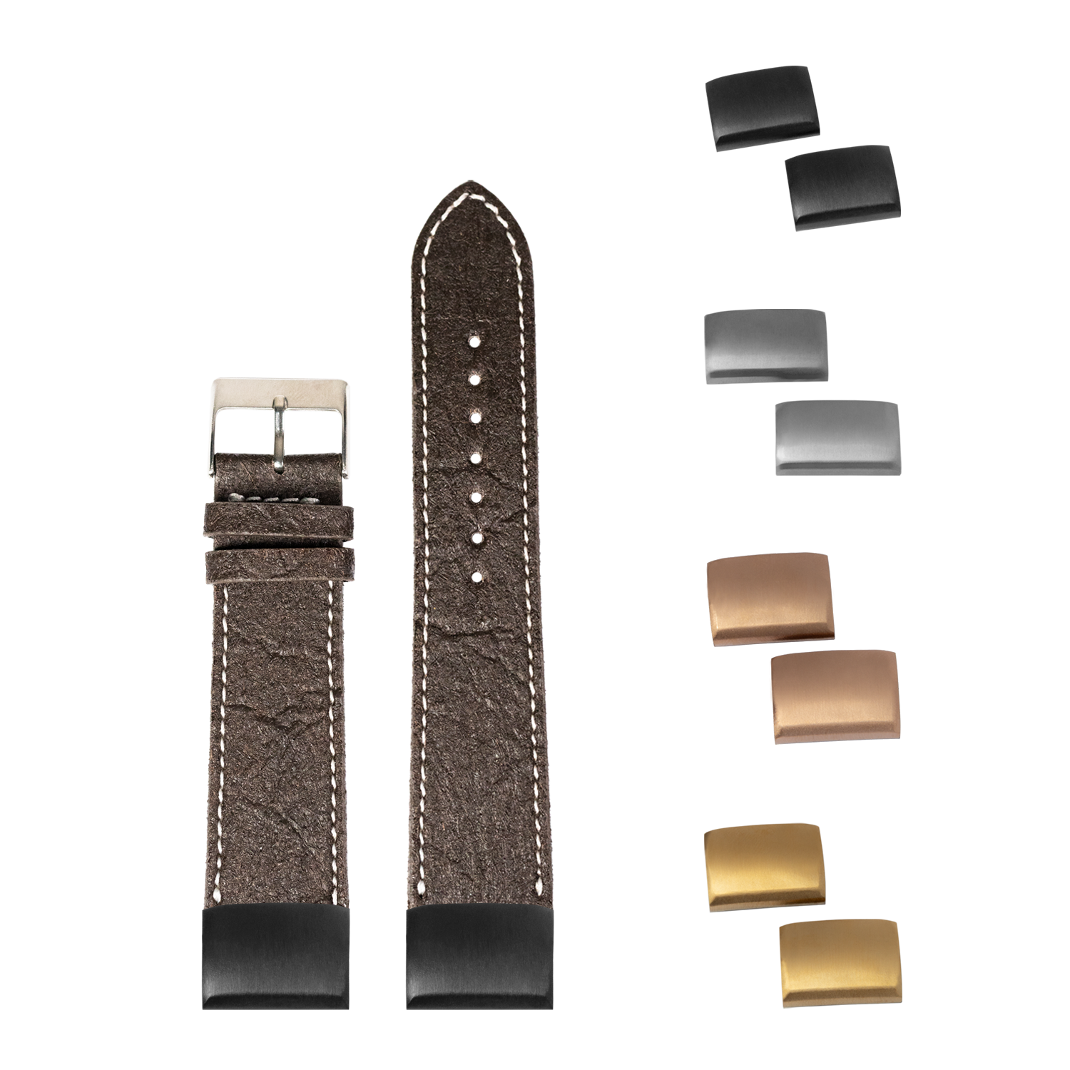 QuickFit pineapple vegan leather watch strap dark brown with white stitching, interchangeable buckles and end links in multiple finishes