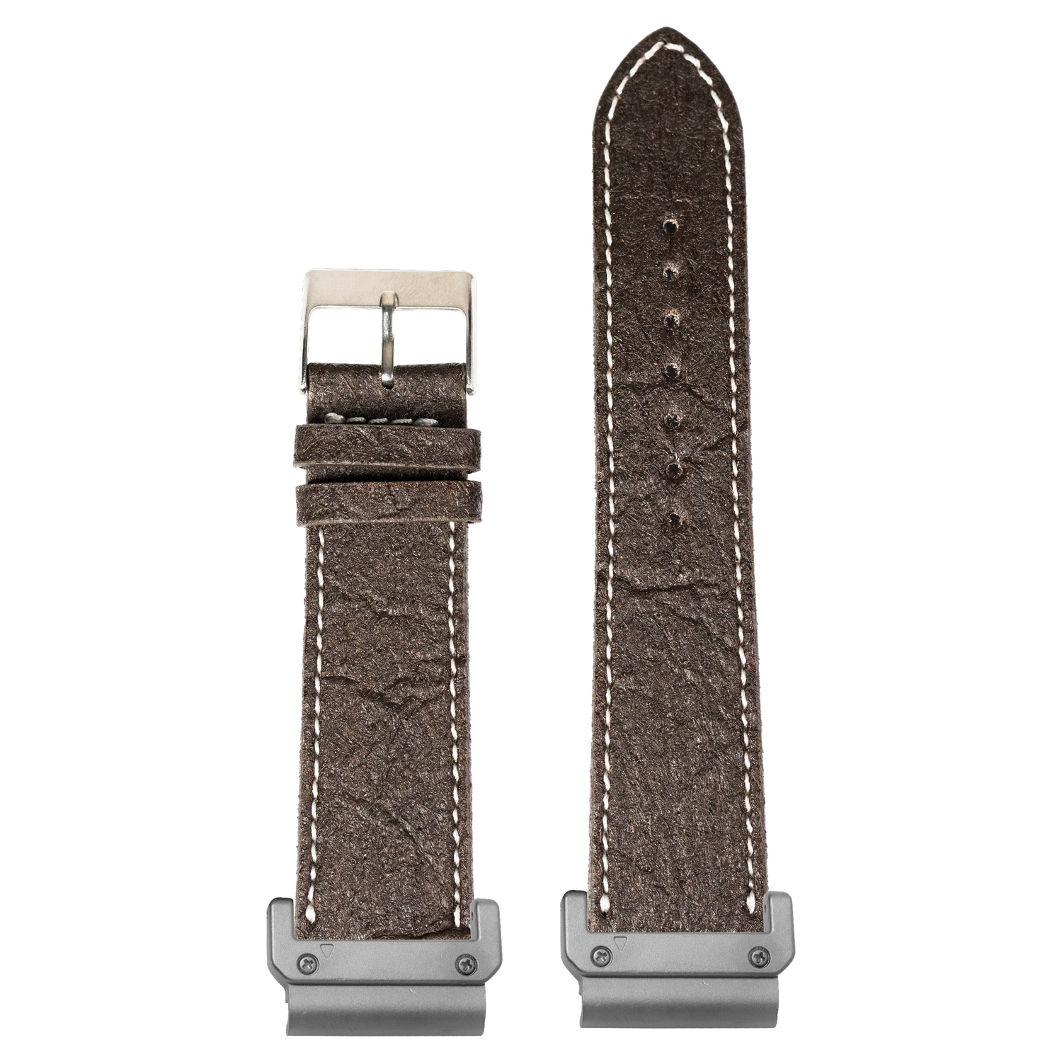 Dark brown pineapple vegan leather watch band with white stitching and Garmin QuickFit adapters attached to both ends, flat lay