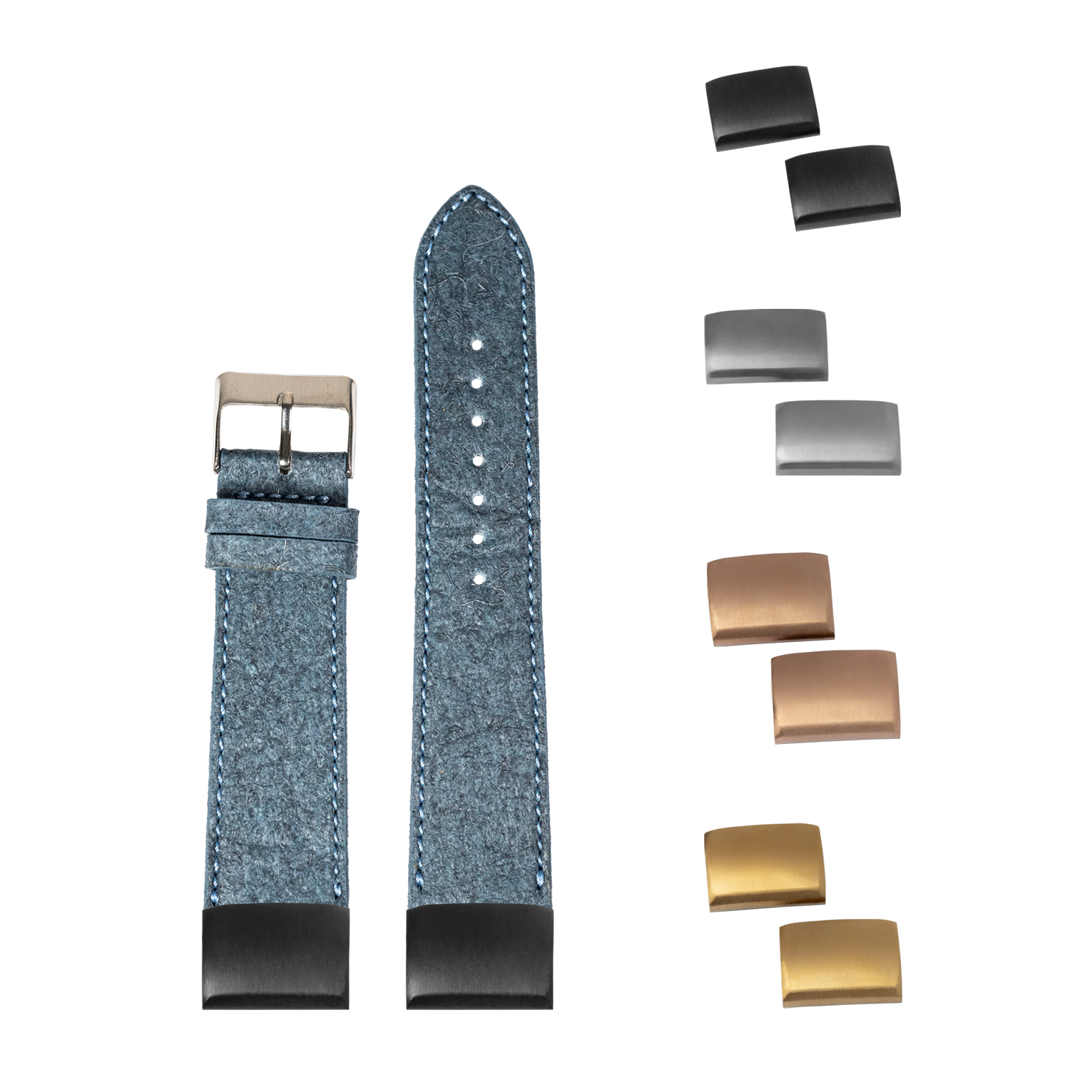 QuickFit Pineapple Vegan Leather denim blue 20mm watch strap with interchangeable buckles in black, silver, and gold finishes