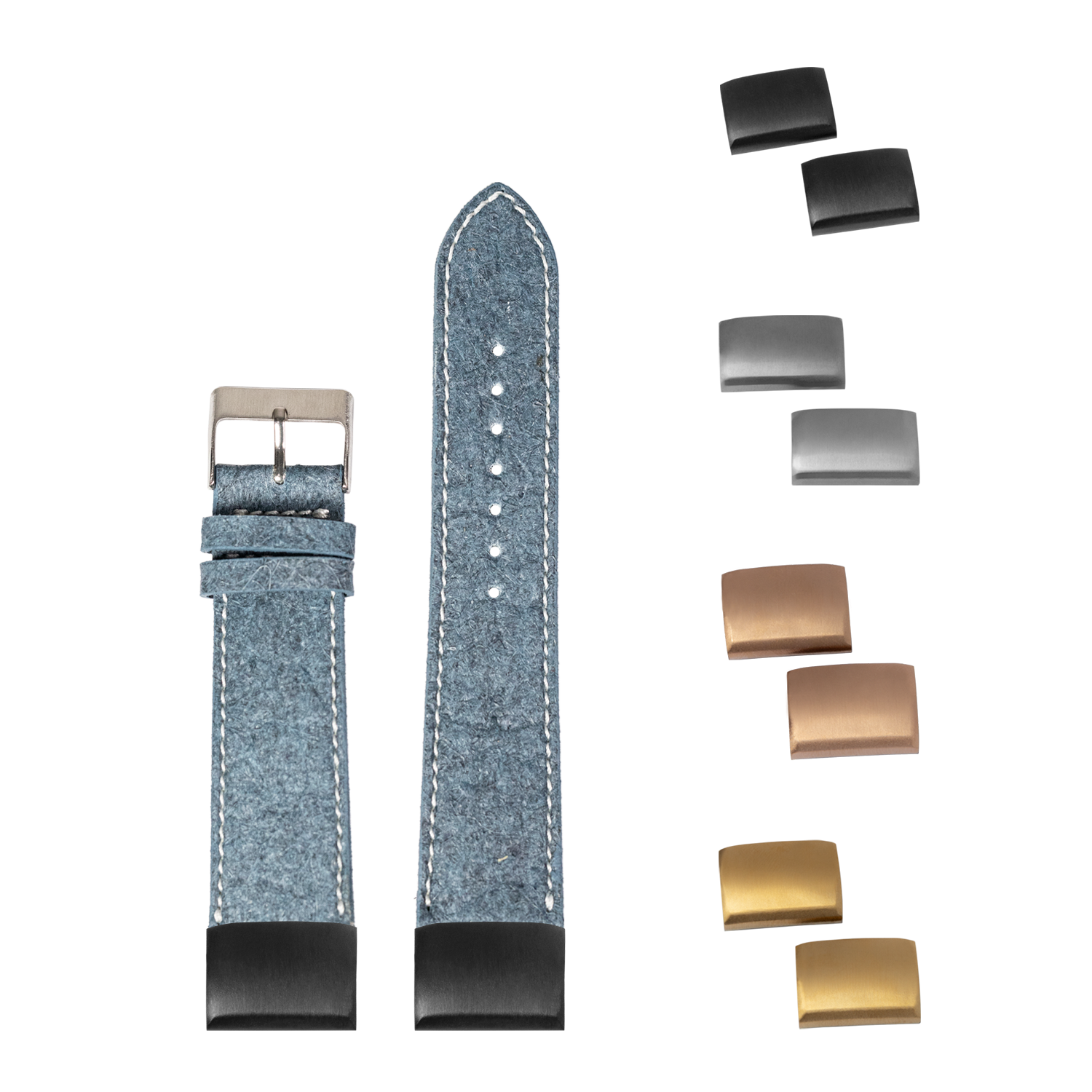 QuickFit Pineapple vegan leather denim blue watch strap 20mm with white stitching, interchangeable buckles and metal keepers included