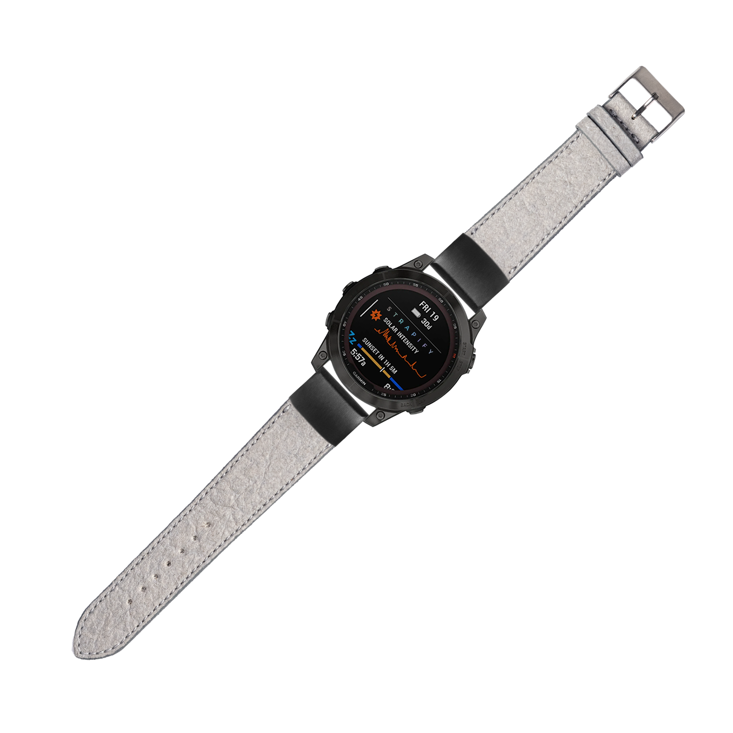 Black sports smartwatch fitted with a grey pineapple vegan leather Garmin QuickFit watch band