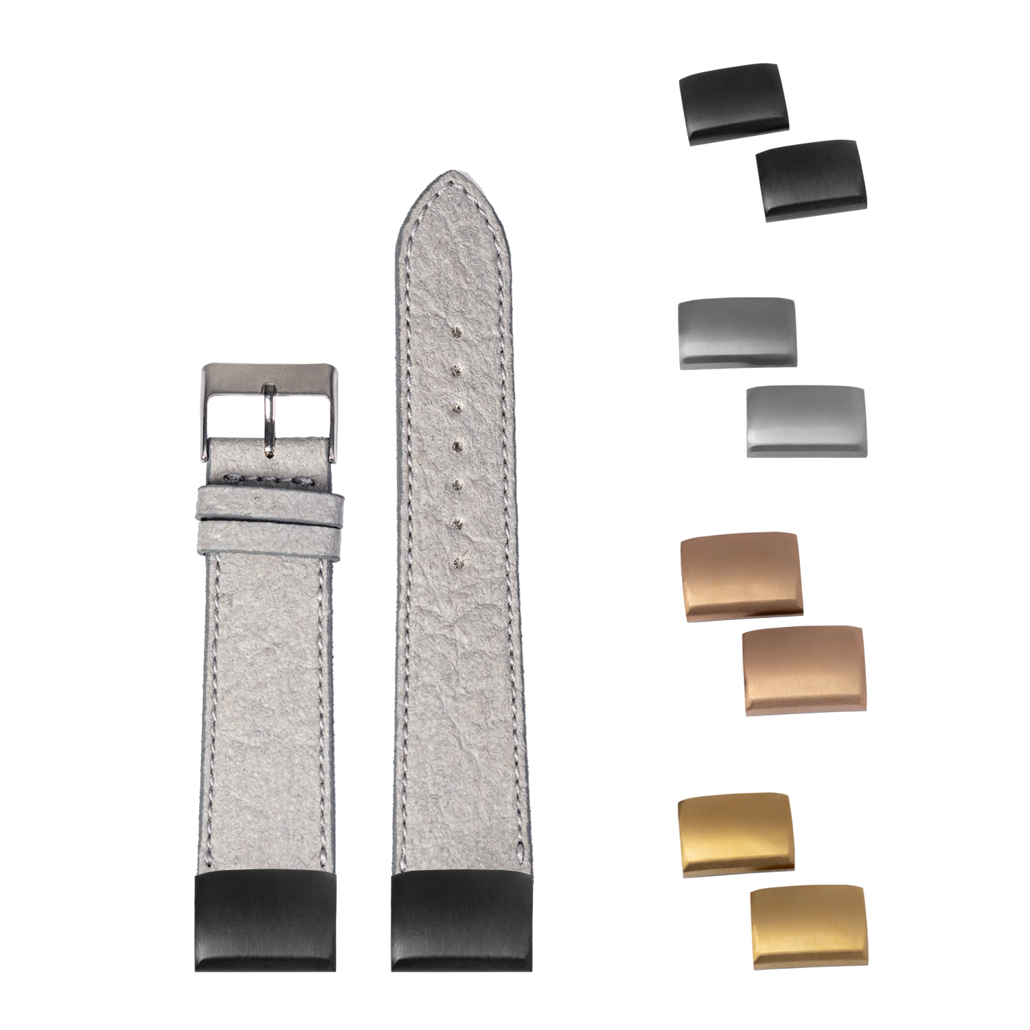QuickFit pineapple vegan leather grey watch strap 20mm with interchangeable metal buckles in black, silver, bronze and gold finishes