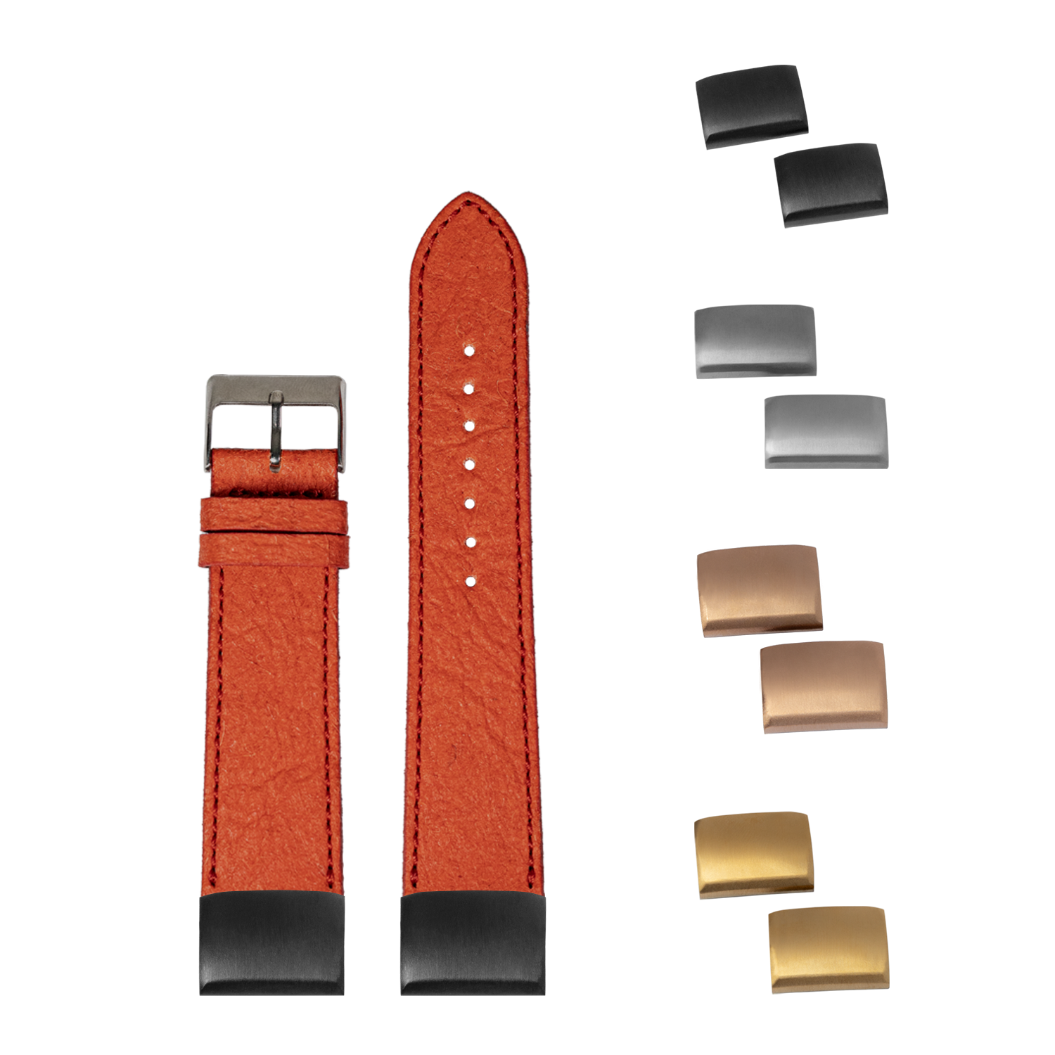 Red vegan leather quick-release watch strap with interchangeable metal buckles in gold, silver, and black finishes