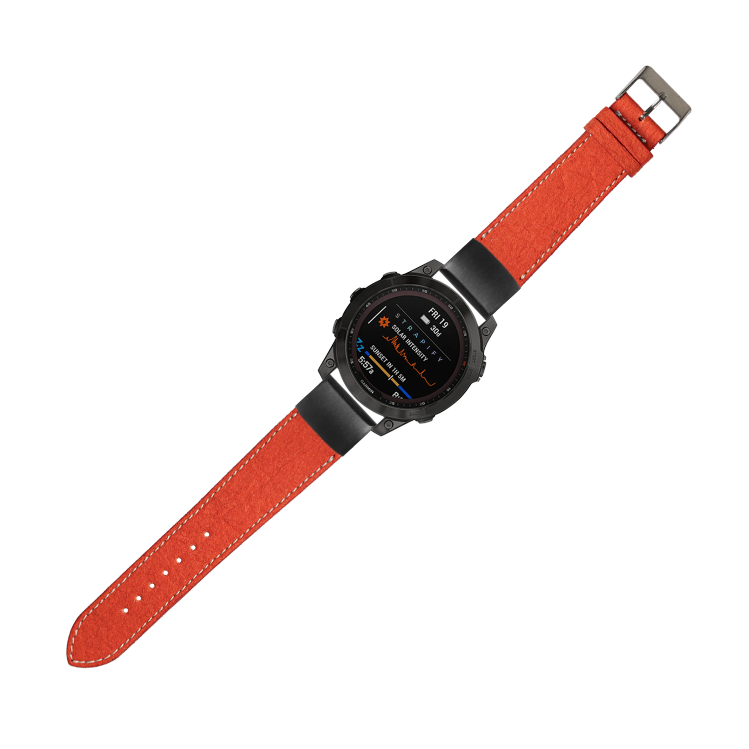 Red pineapple vegan leather Garmin QuickFit watch band with white stitching and metal buckle