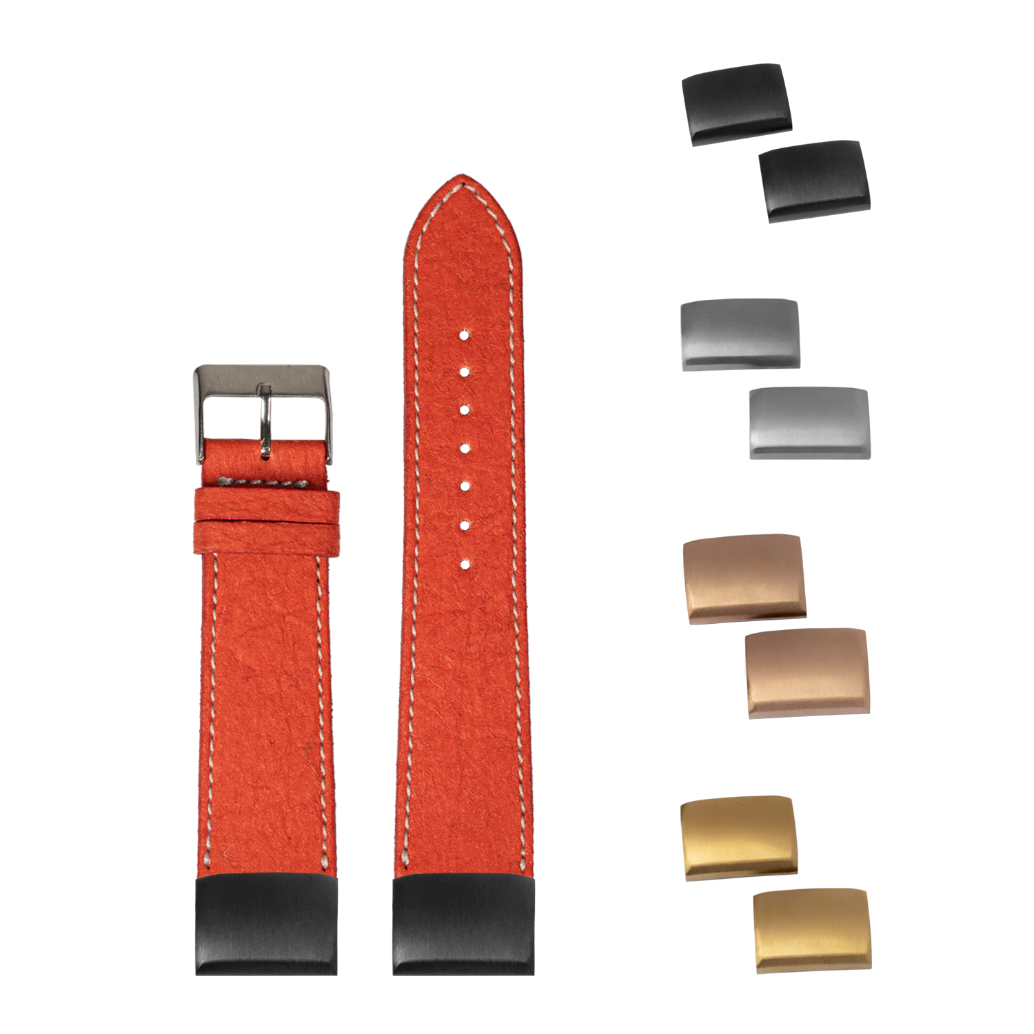 Red vegan leather watch strap with white stitching and interchangeable metal buckles in black, silver, and gold finishes