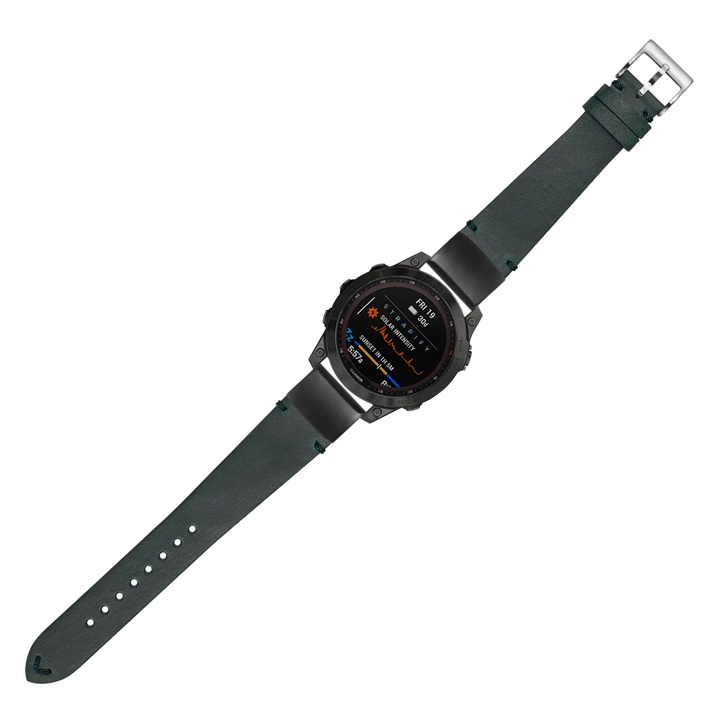 Black digital smartwatch with AMOLED display and gray leather strap, sports fitness tracking watch