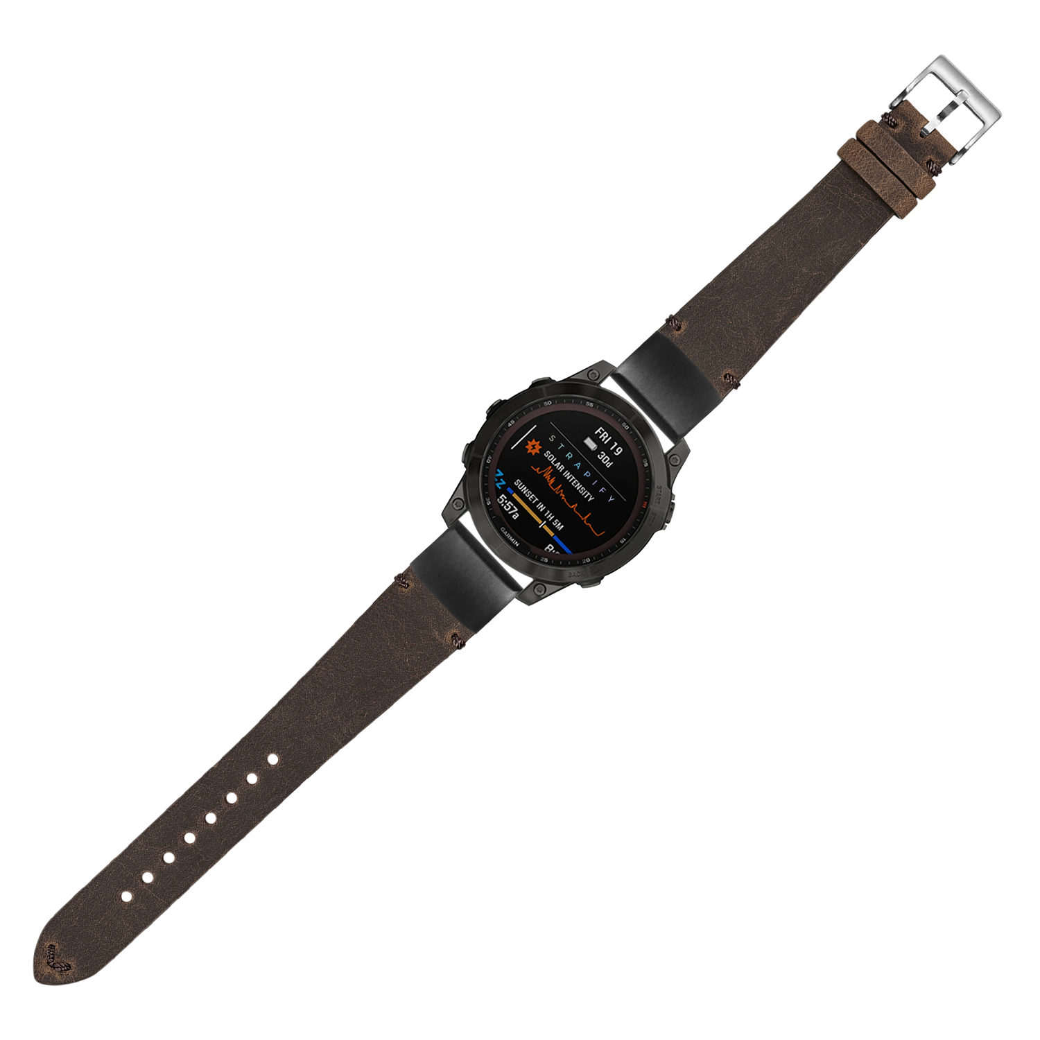 Digital smartwatch with round AMOLED display, black case, and brown vintage leather quick-fit band with buckle closure