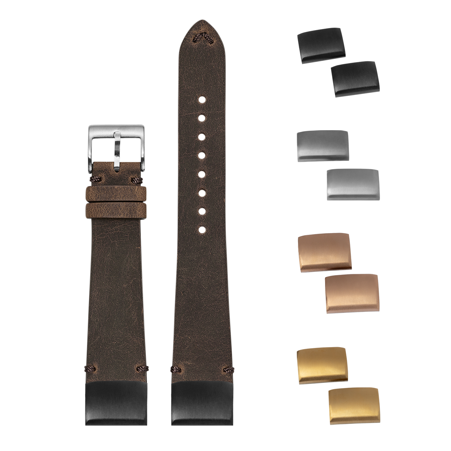 Brown vintage crazy horse leather watch strap 20mm with interchangeable buckles and keepers