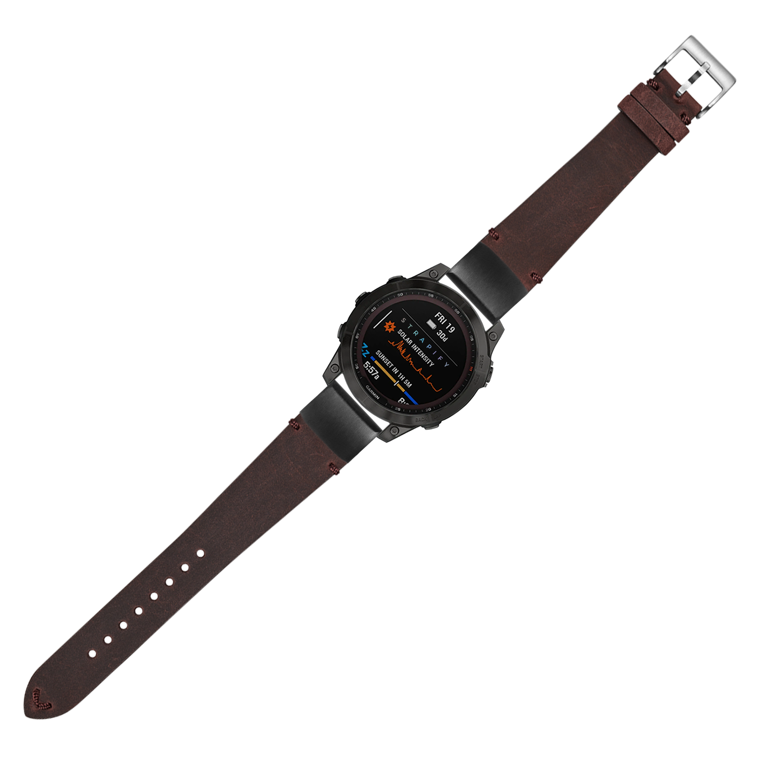 QuickFit vintage crazy horse leather dark red 20mm smartwatch band with silver buckle on black digital watch face