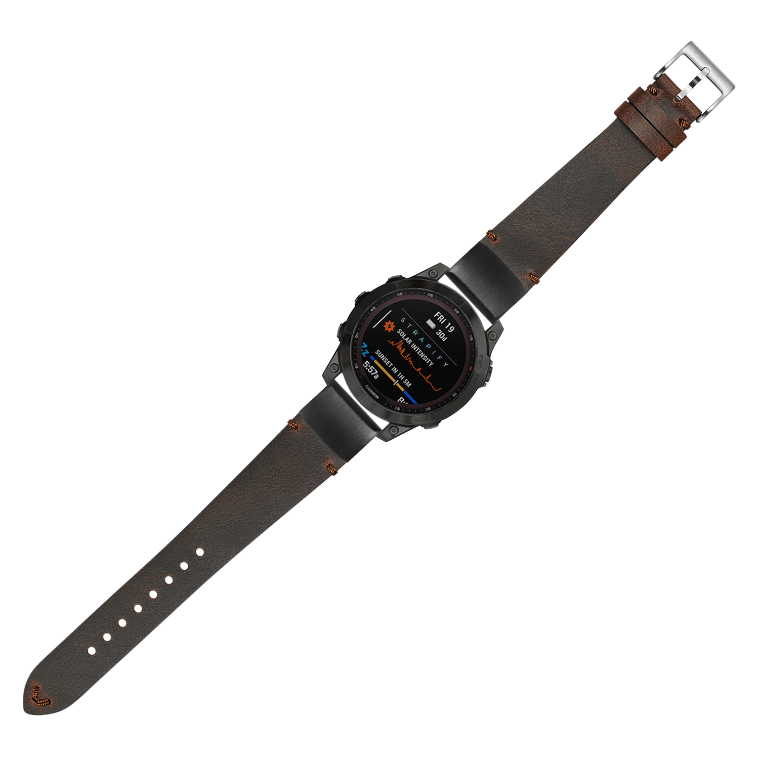 Tactical smartwatch with black digital display and vintage brown leather QuickFit band featuring orange stitching detail