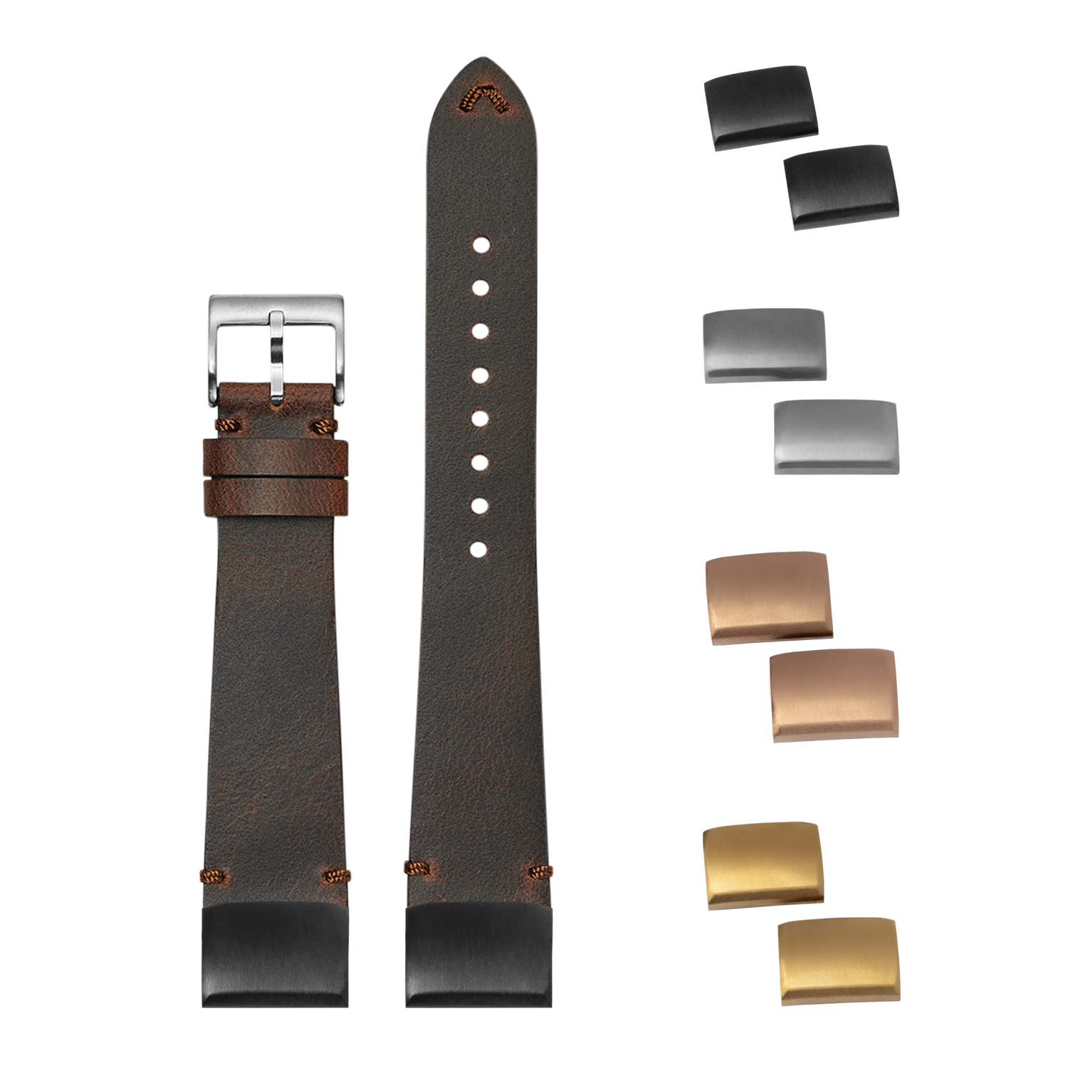 Vintage Crazy Horse leather watch strap 20mm with interchangeable buckles in silver, gunmetal, bronze and gold finishes
