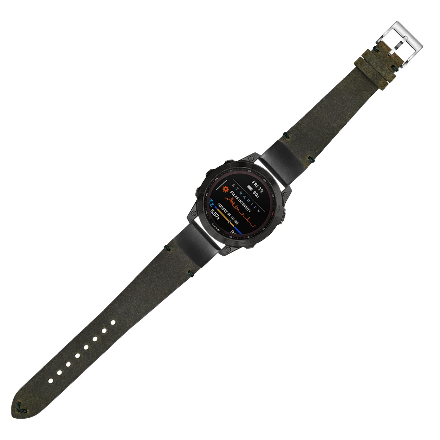 Military-style digital smartwatch with black case, olive green leather strap, and colorful AMOLED display showing health metrics