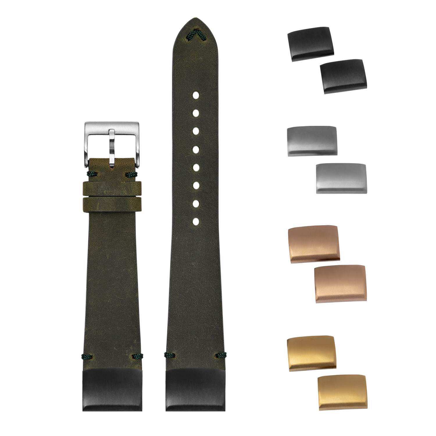 Olive green leather watch band with quick-release pins, interchangeable metal buckles in black, silver, rose gold and gold finishes