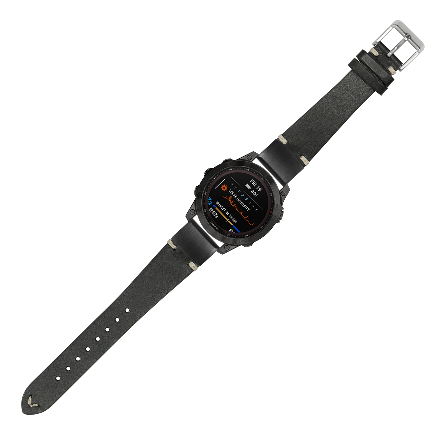 Black vintage knotted leather smartwatch band 20mm with silver buckle and metal accents on digital watch display