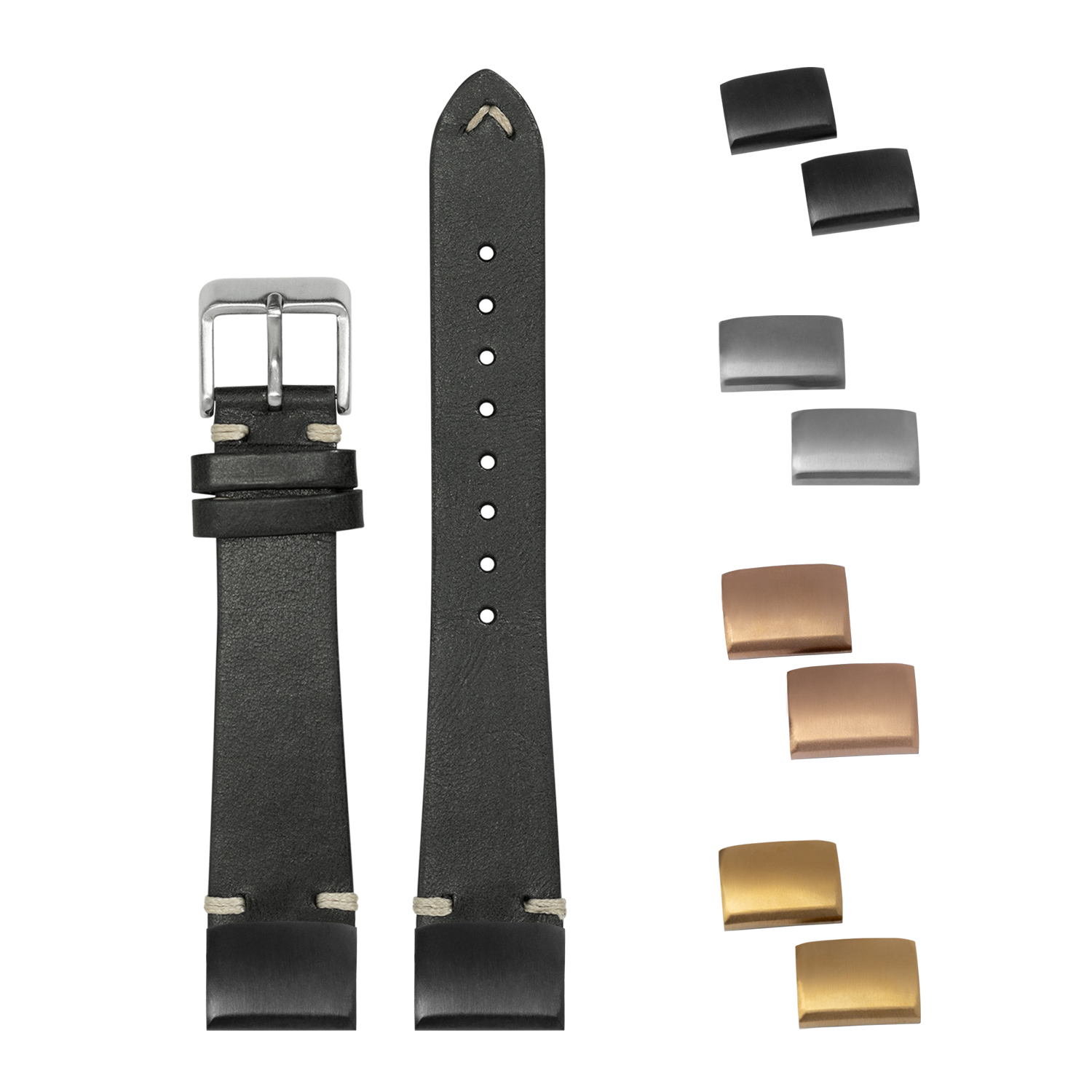 Black vintage knotted leather watch strap 20mm with interchangeable metal buckles and keepers included