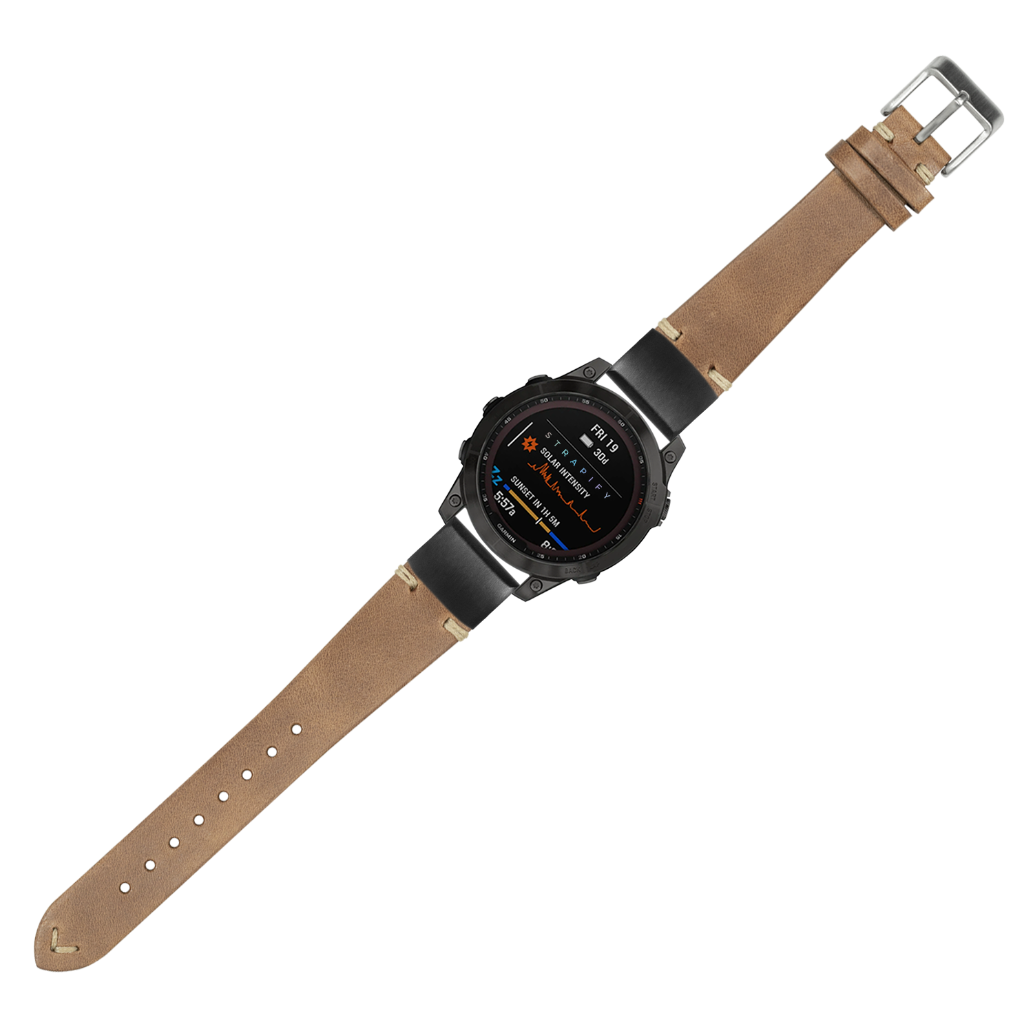 Black smartwatch with AMOLED display and tan leather QuickFit strap, featuring vintage knotted design and stainless steel buckle