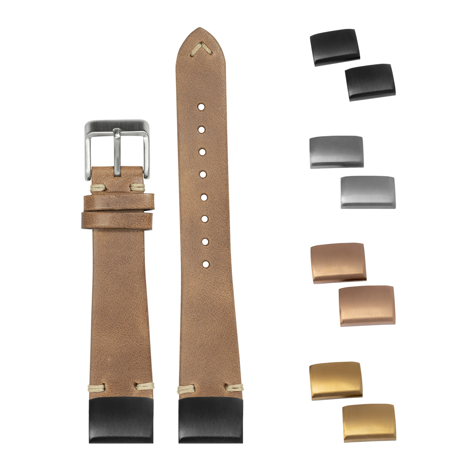 QuickFit vintage knotted leather watch strap in tan brown 20mm with interchangeable metal buckles and black rubber base