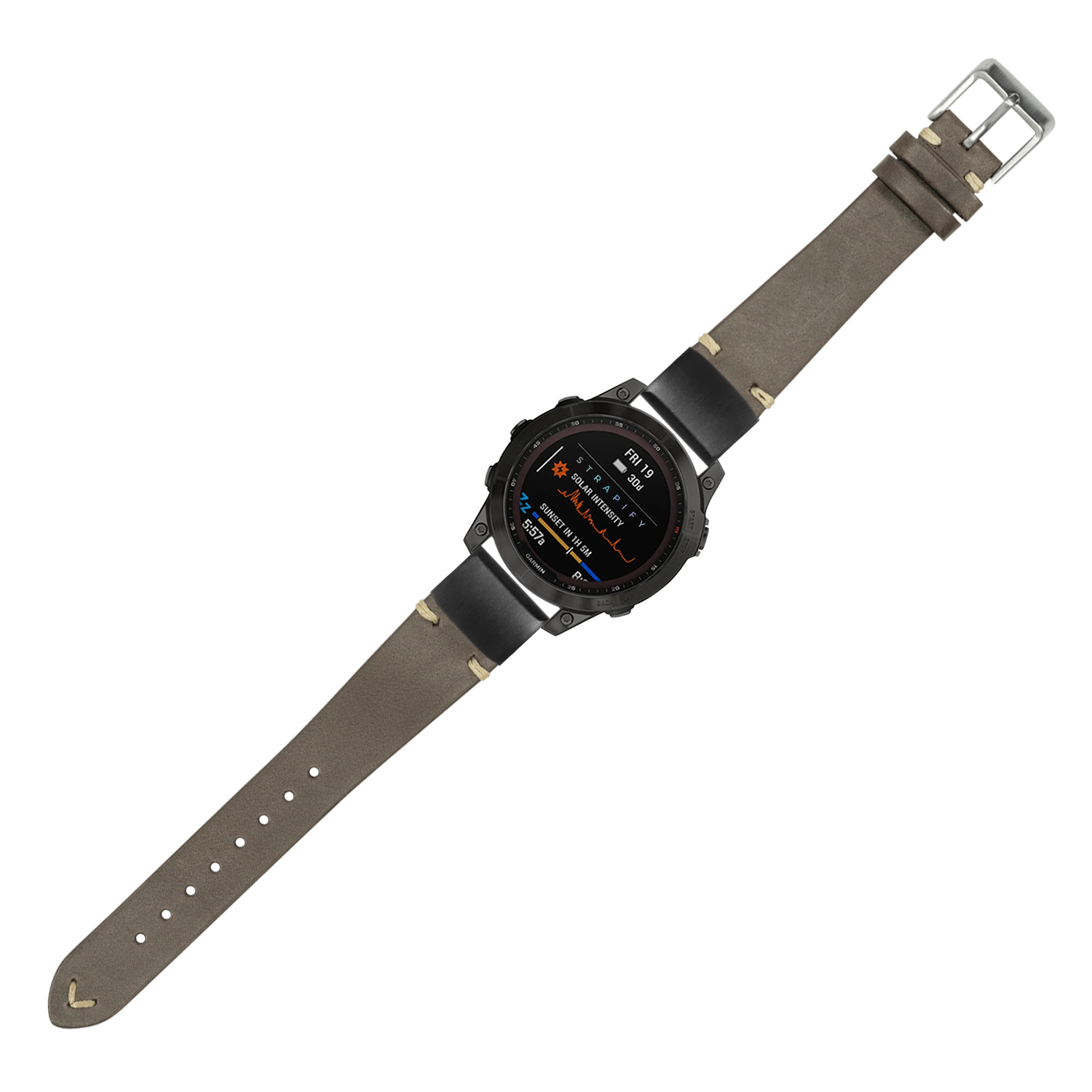 Military tactical smartwatch with AMOLED display, dark grey case, and vintage knotted leather dark brown strap