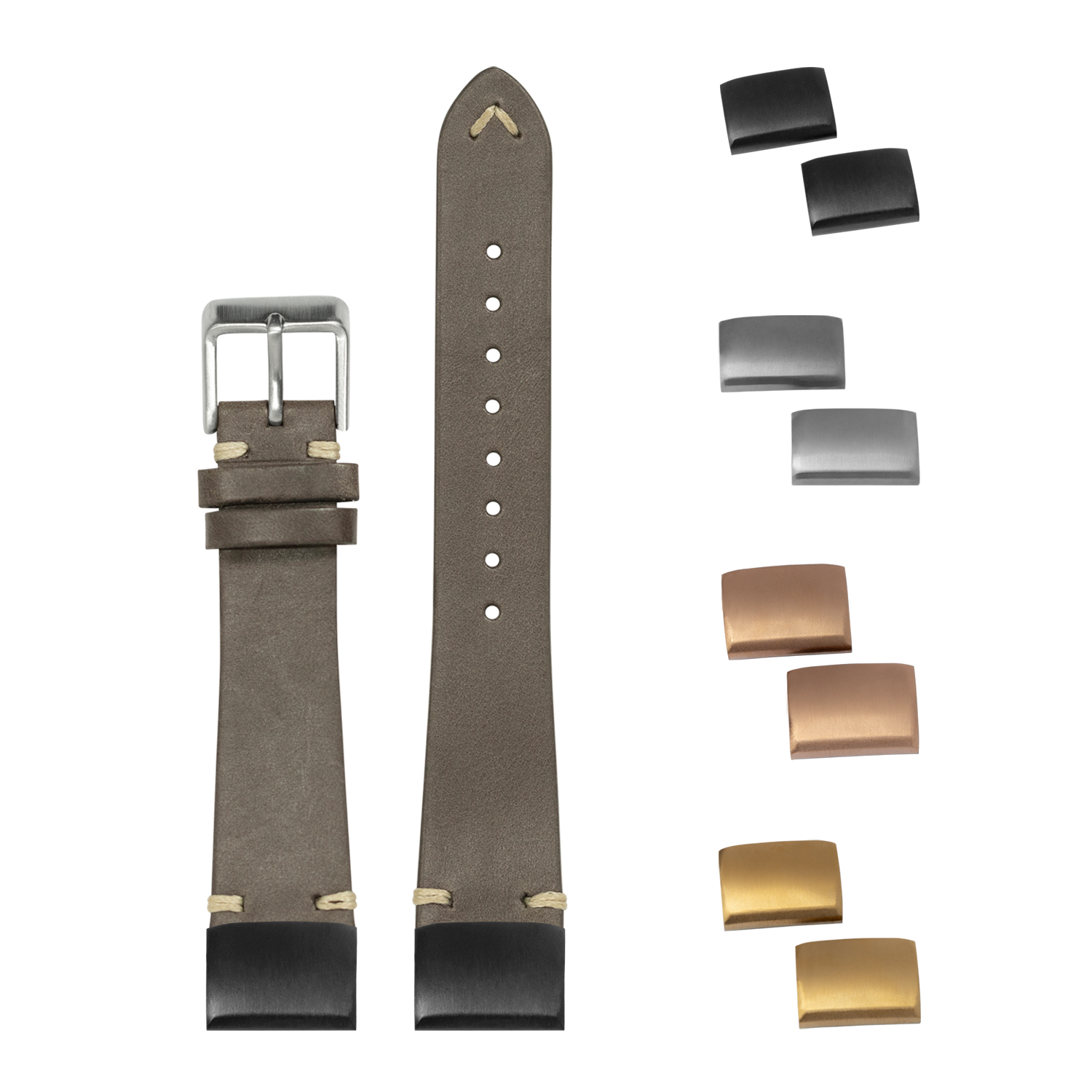 Vintage Knotted dark brown leather watch strap with interchangeable metal buckles and end links in black, silver, and gold finishes