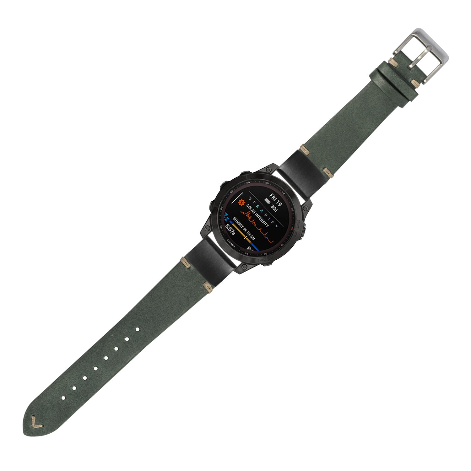 Black digital smartwatch with forest green canvas and leather band, QuickFit strap system, AMOLED display showing fitness metrics