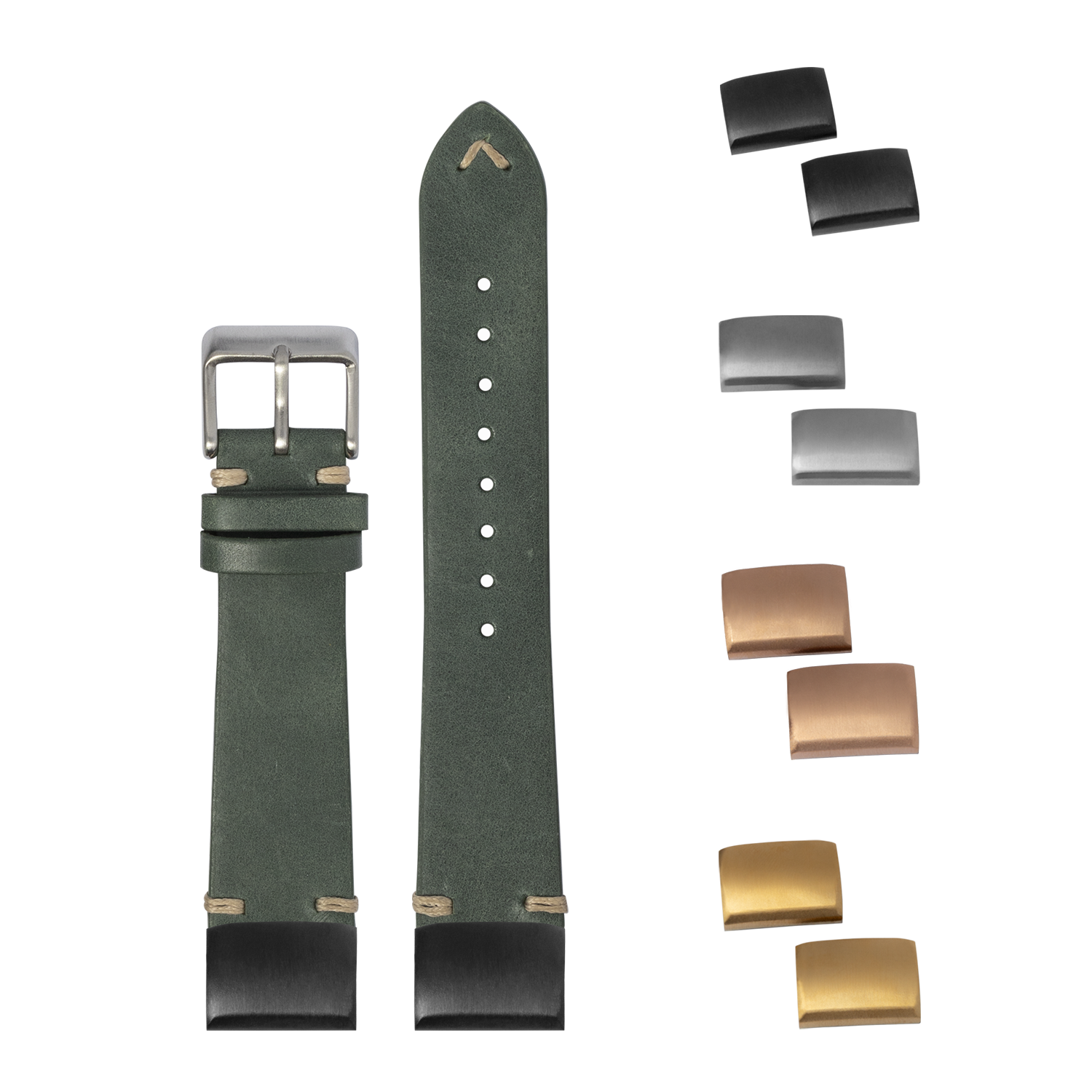 Green leather watch strap 20mm with quick release pins and interchangeable metal buckles in silver, bronze and gold