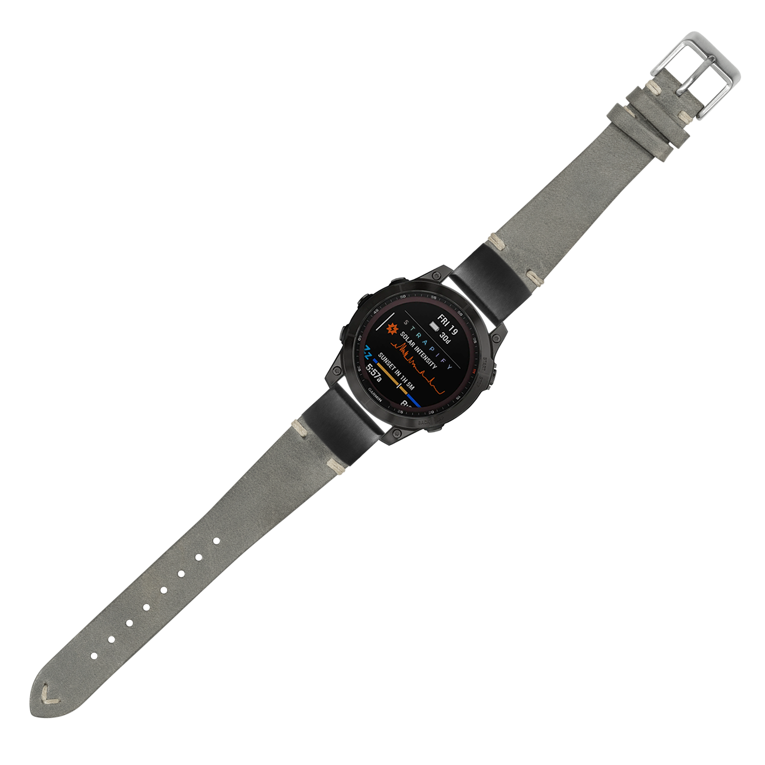 Tactical smartwatch with black case and grey genuine leather QuickFit strap, displaying digital interface with orange and blue text