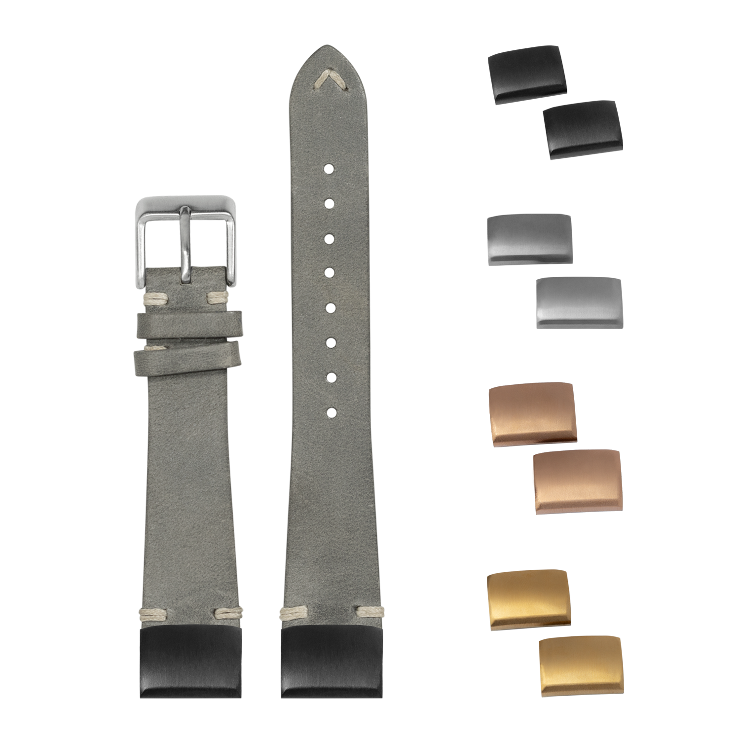 Grey vintage leather watch band with quick release pins and interchangeable metal buckle hardware in multiple finishes