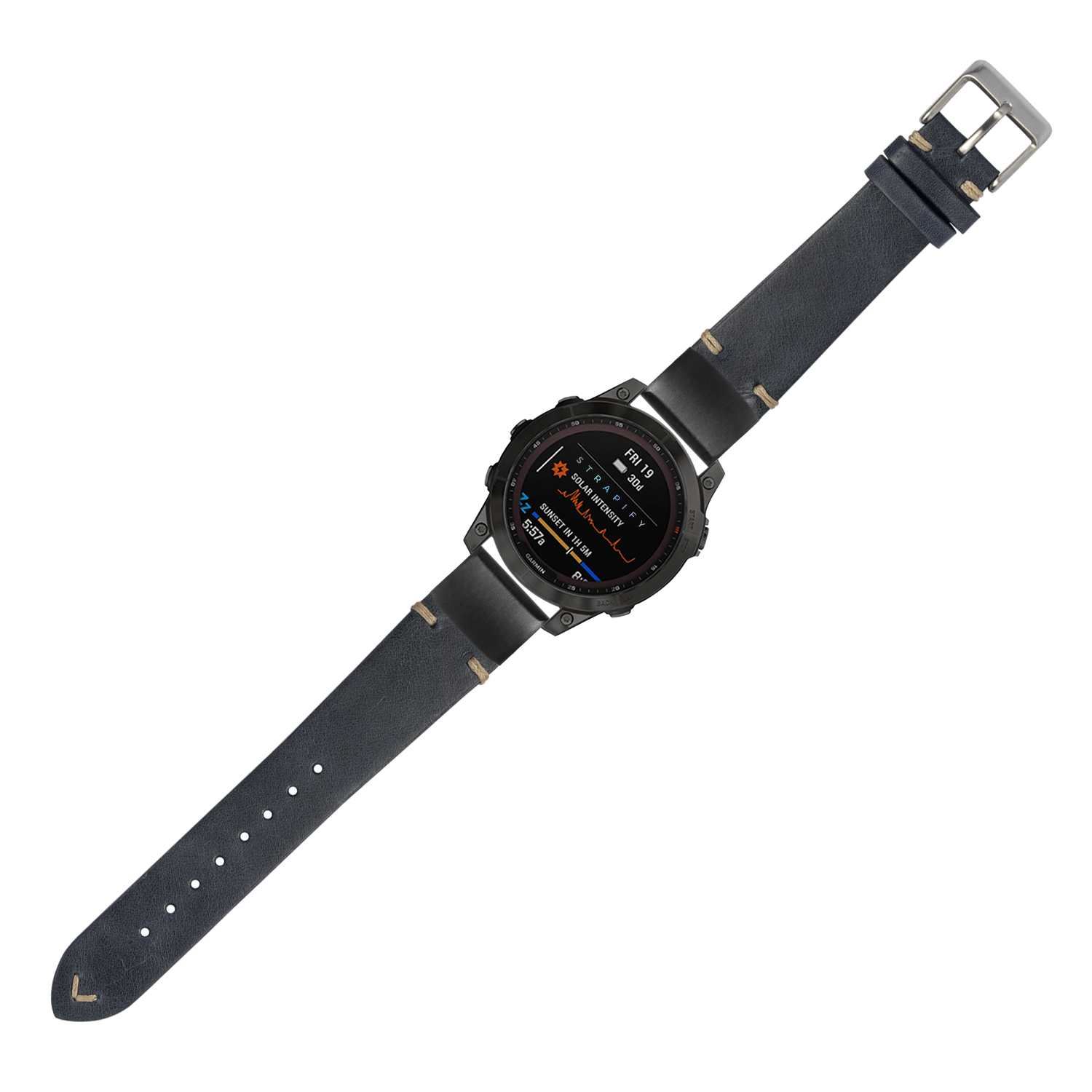 Smartwatch with black digital display and vintage navy blue knotted leather 20mm QuickFit band with metal buckle