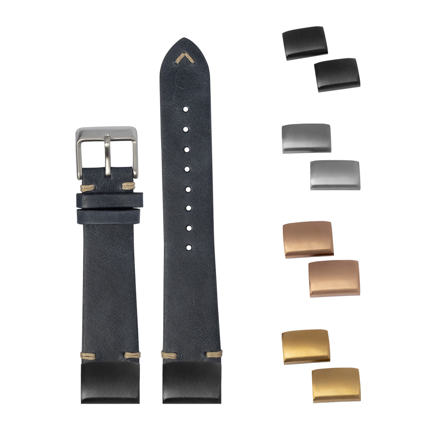 Navy blue leather watch band with interchangeable buckles in silver, gold, and bronze finishes