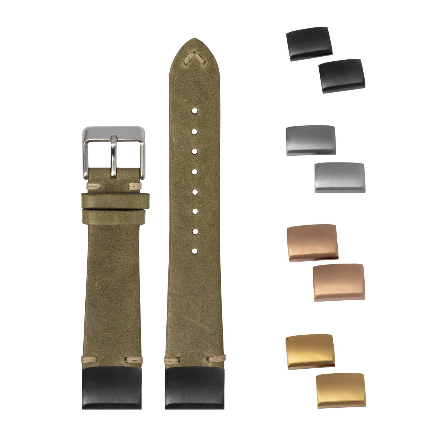 Vintage olive green leather watch strap with quick-release bars and interchangeable metal buckles in silver, gunmetal, rose gold, and gold finishes