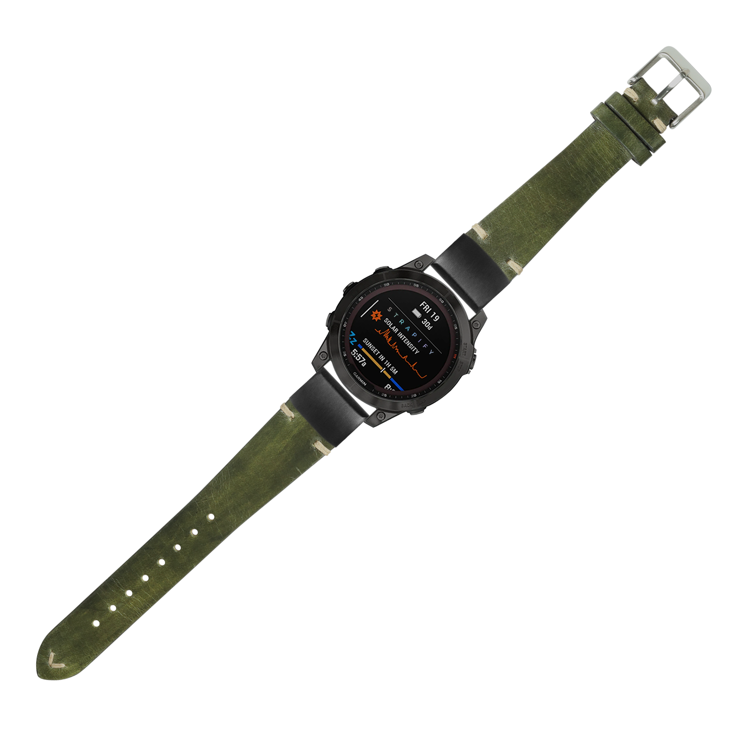 Tactical smartwatch with black digital display and vintage knotted green leather strap with metal keeper, displayed against white background