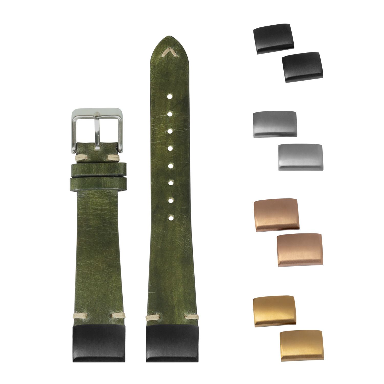 Vintage knotted leather watch strap 20mm smoked Amazon green with interchangeable metal buckles and keepers