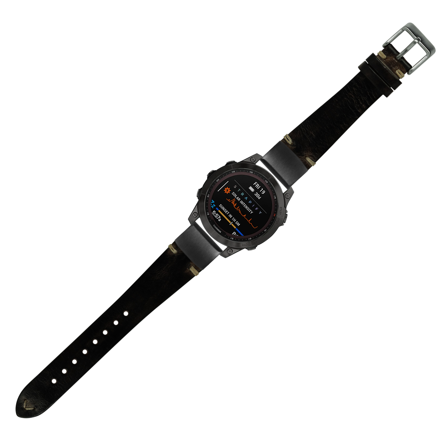 Vintage knotted leather smartwatch band 20mm smoked black with metal buckle and distressed details
