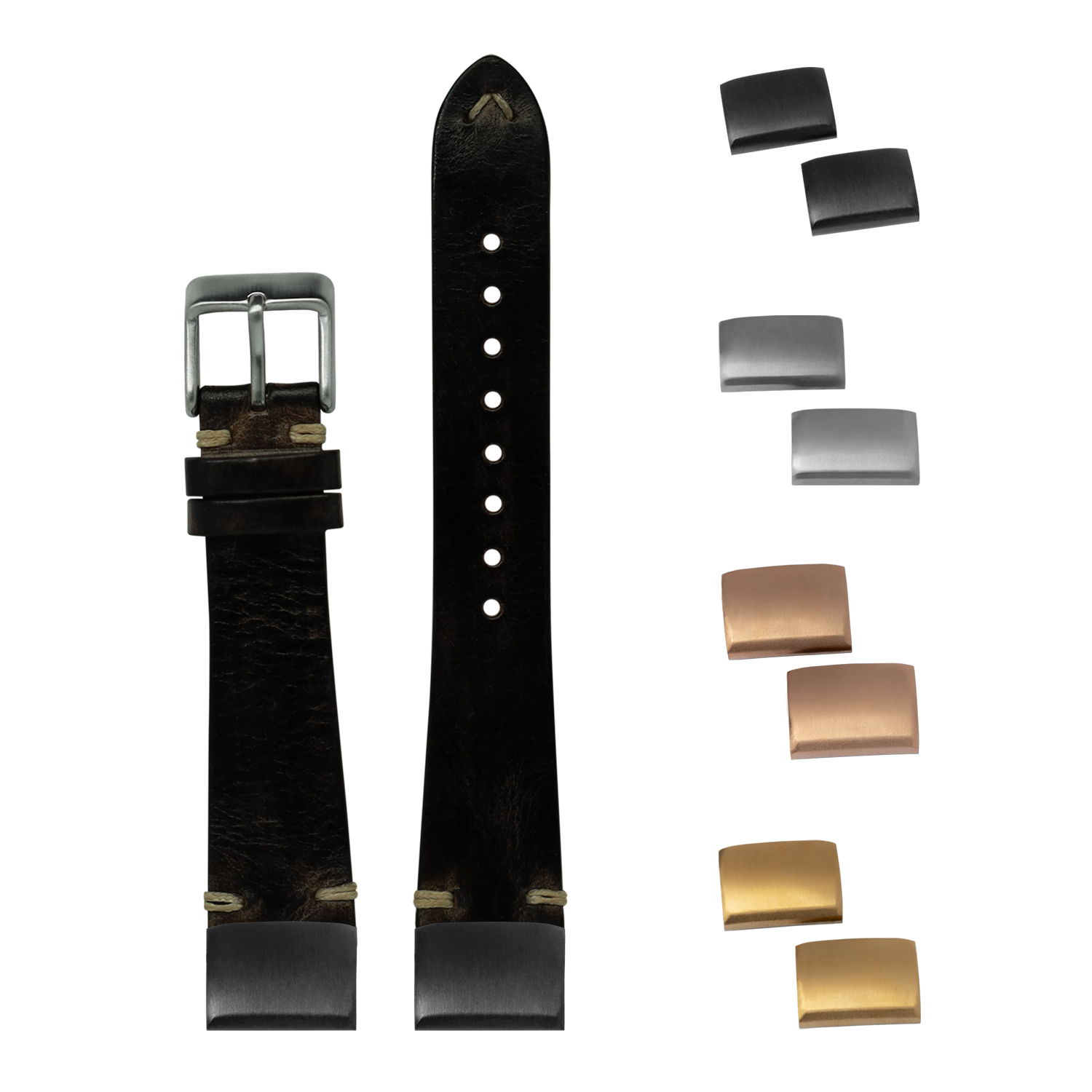 Black leather watch strap with interchangeable metal buckles and keepers, quick-fit 20mm vintage knotted design