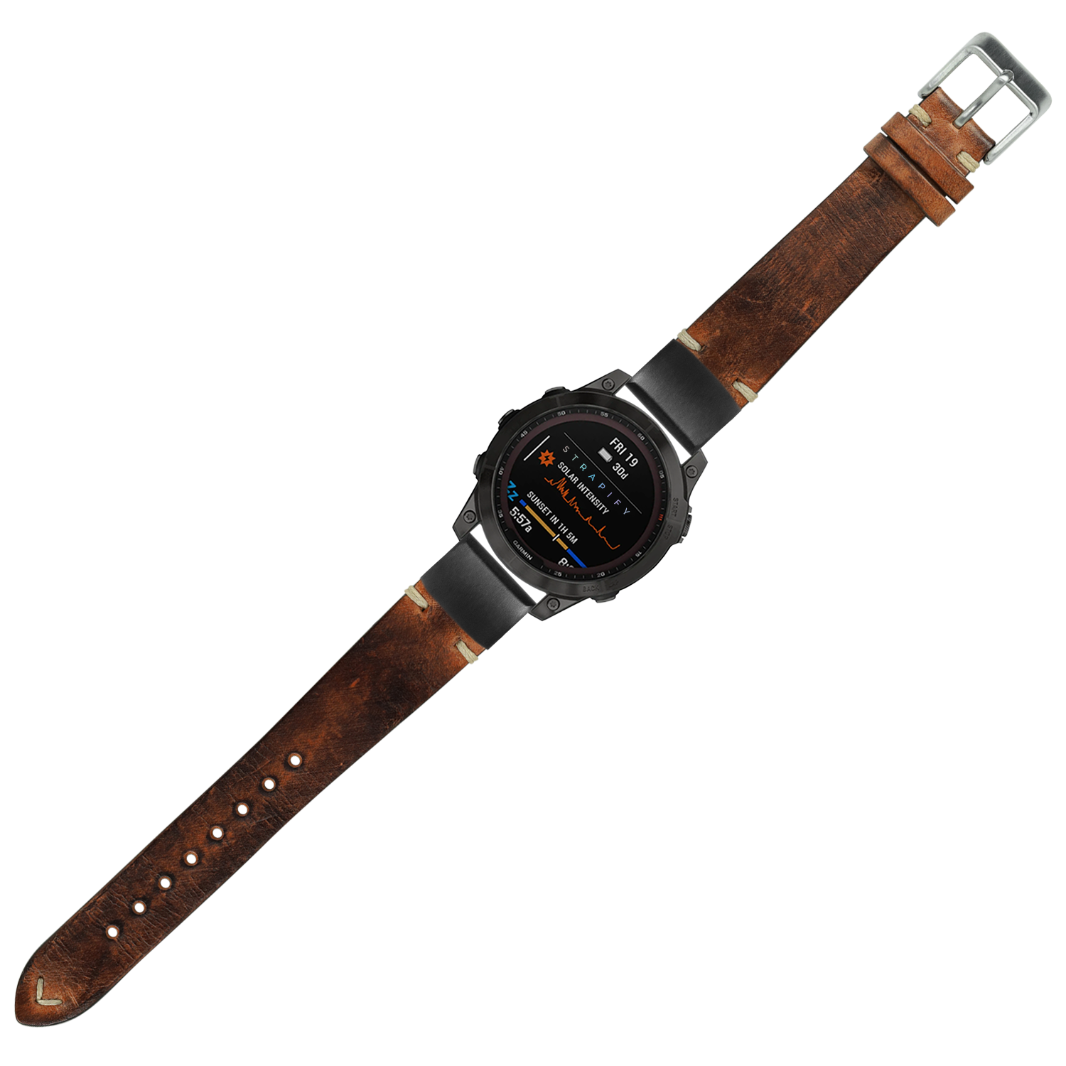 Smartwatch with black digital display and vintage smoked brown leather strap with metal buckle, displaying fitness metrics and time