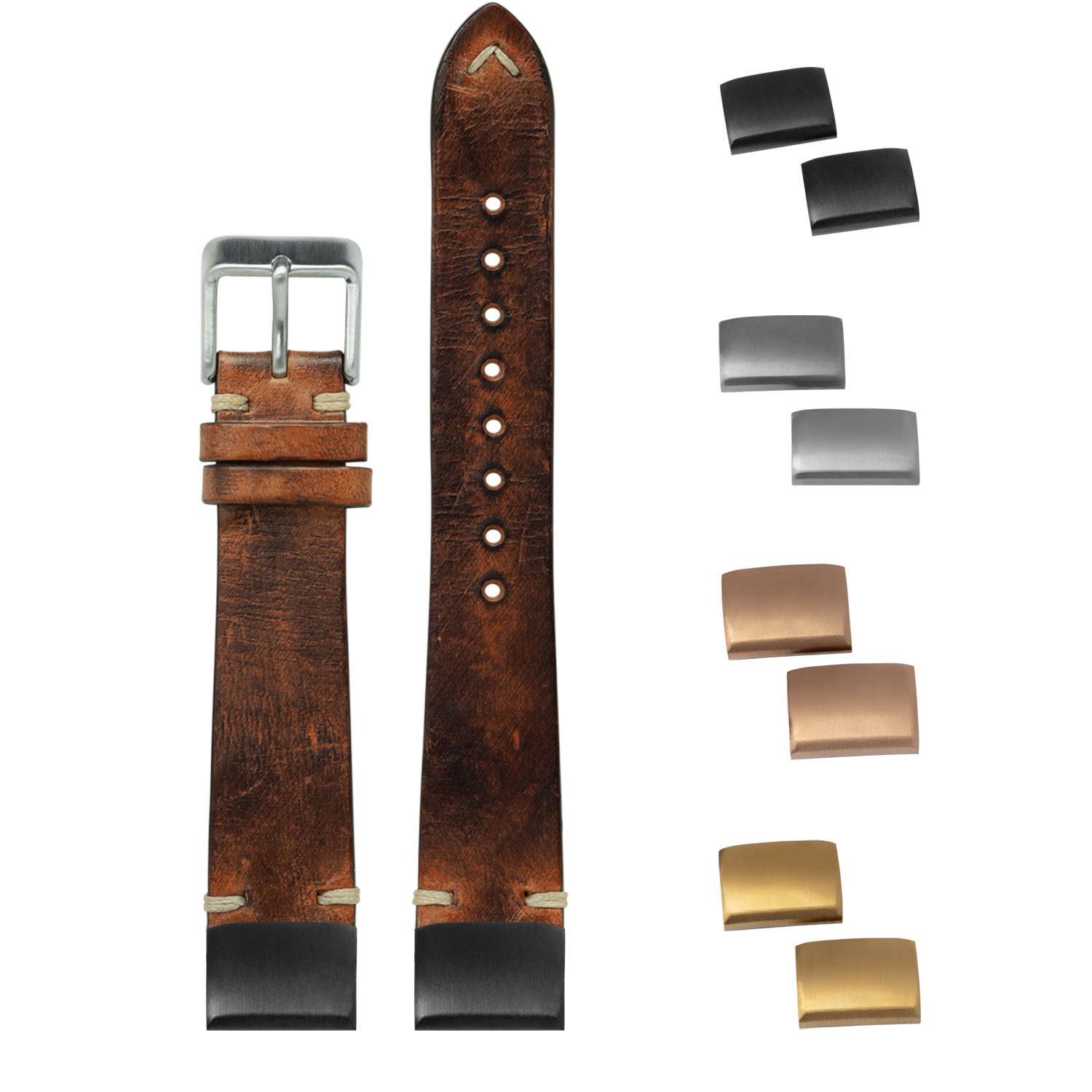 Vintage brown leather watch band with interchangeable metal buckles in silver, gold, and black finishes