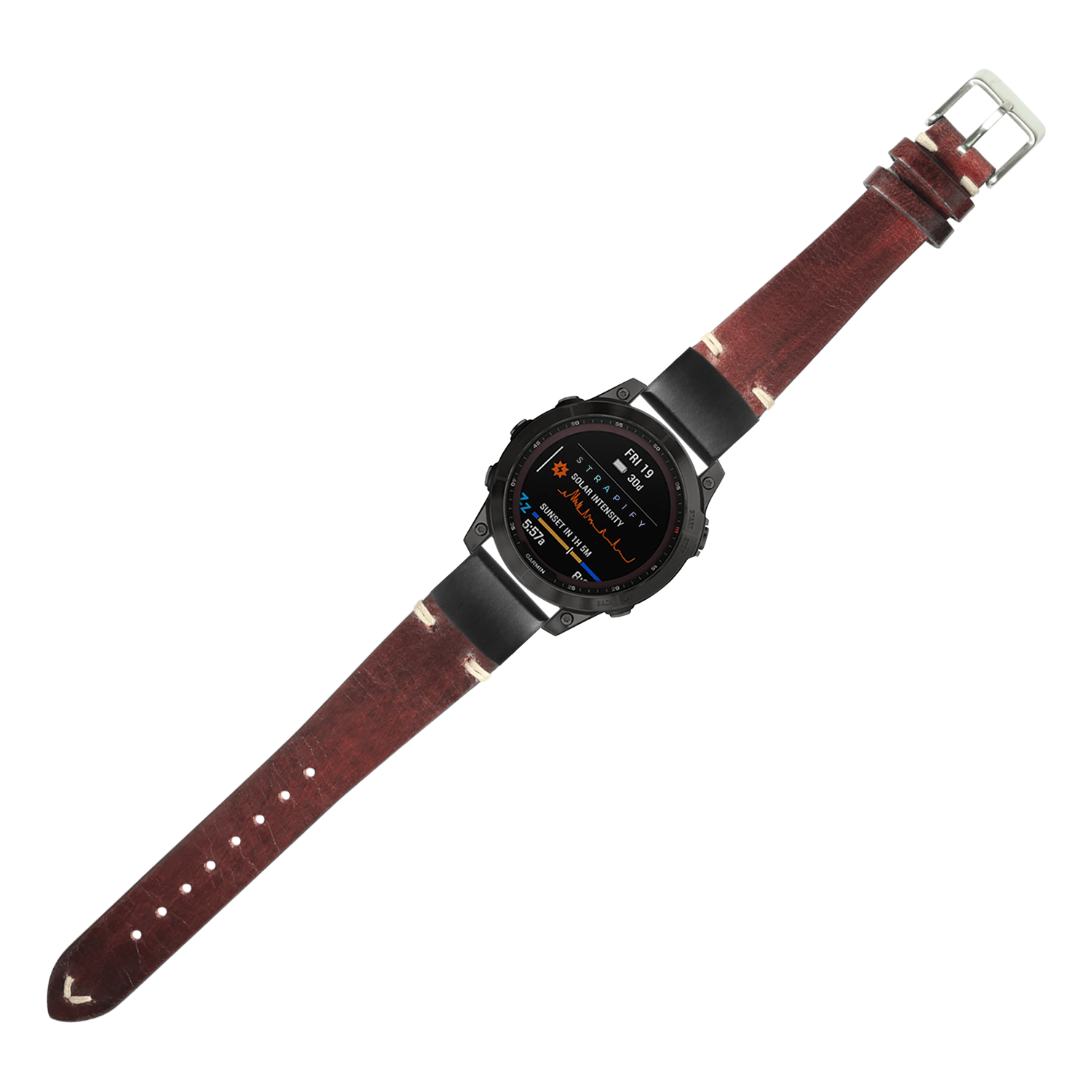 Smartwatch with black digital display and burgundy vintage knotted leather strap, QuickFit 20mm replacement band