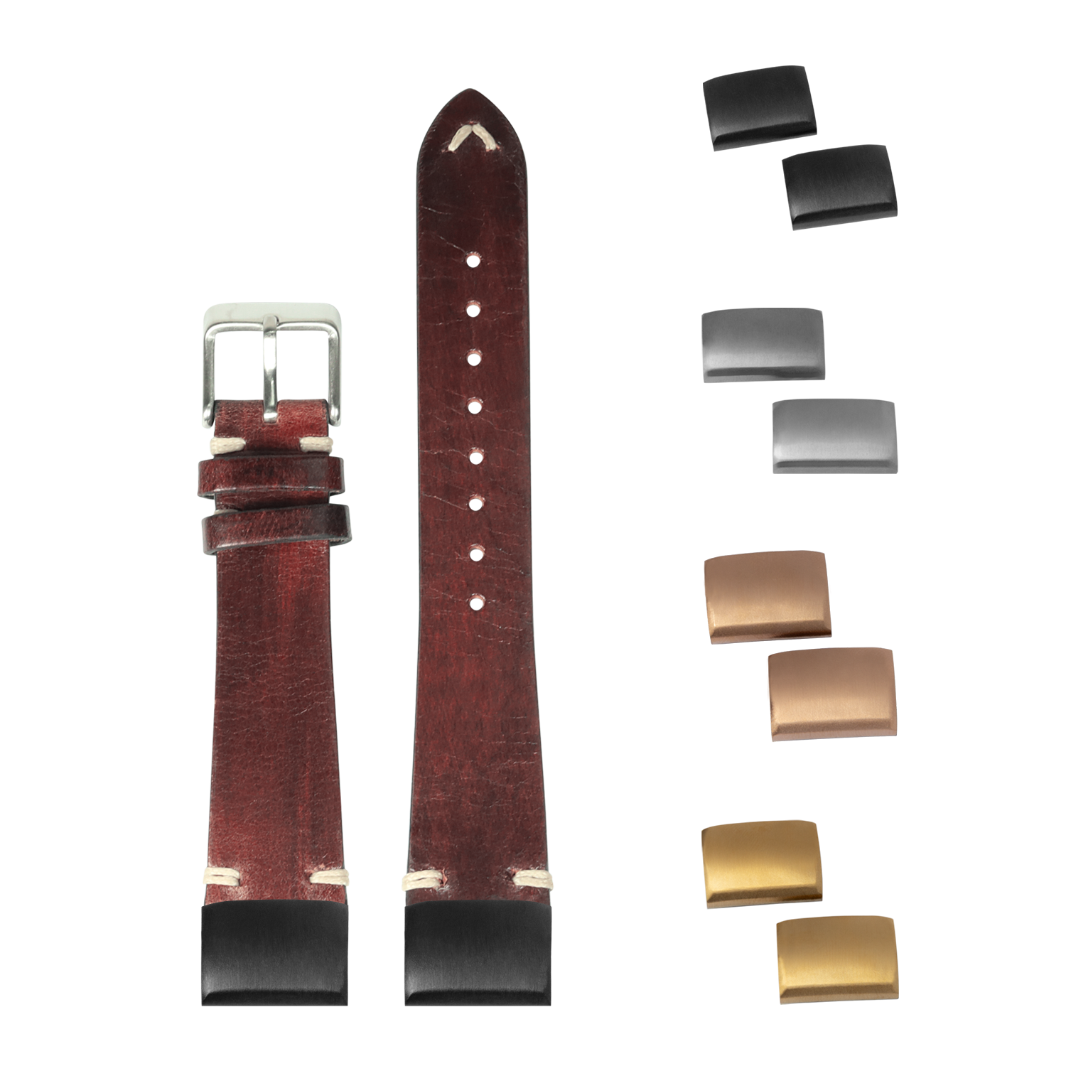 Burgundy leather watch strap with quick-fit system, interchangeable metal buckles in silver, gunmetal, rose gold and gold finishes, 20mm width