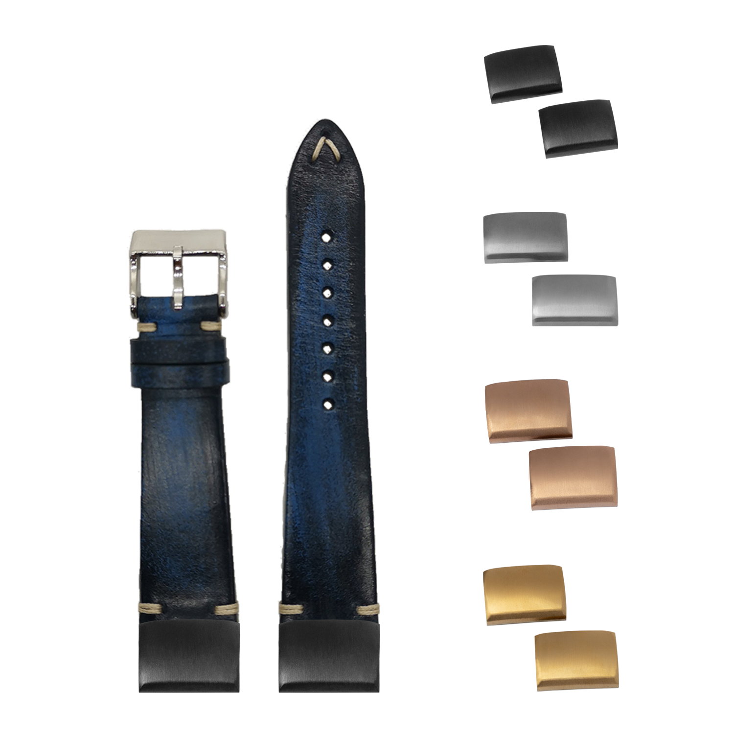 Vintage knotted leather smartwatch band 20mm smoked navy blue with interchangeable metal buckles in silver, gold, and bronze