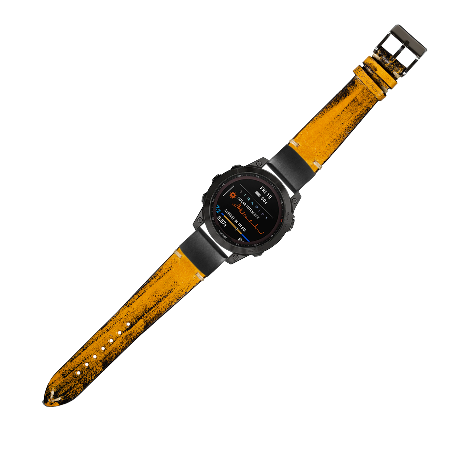 Black smartwatch with AMOLED display and yellow distressed leather strap, featuring military-style design and fitness tracking capabilities