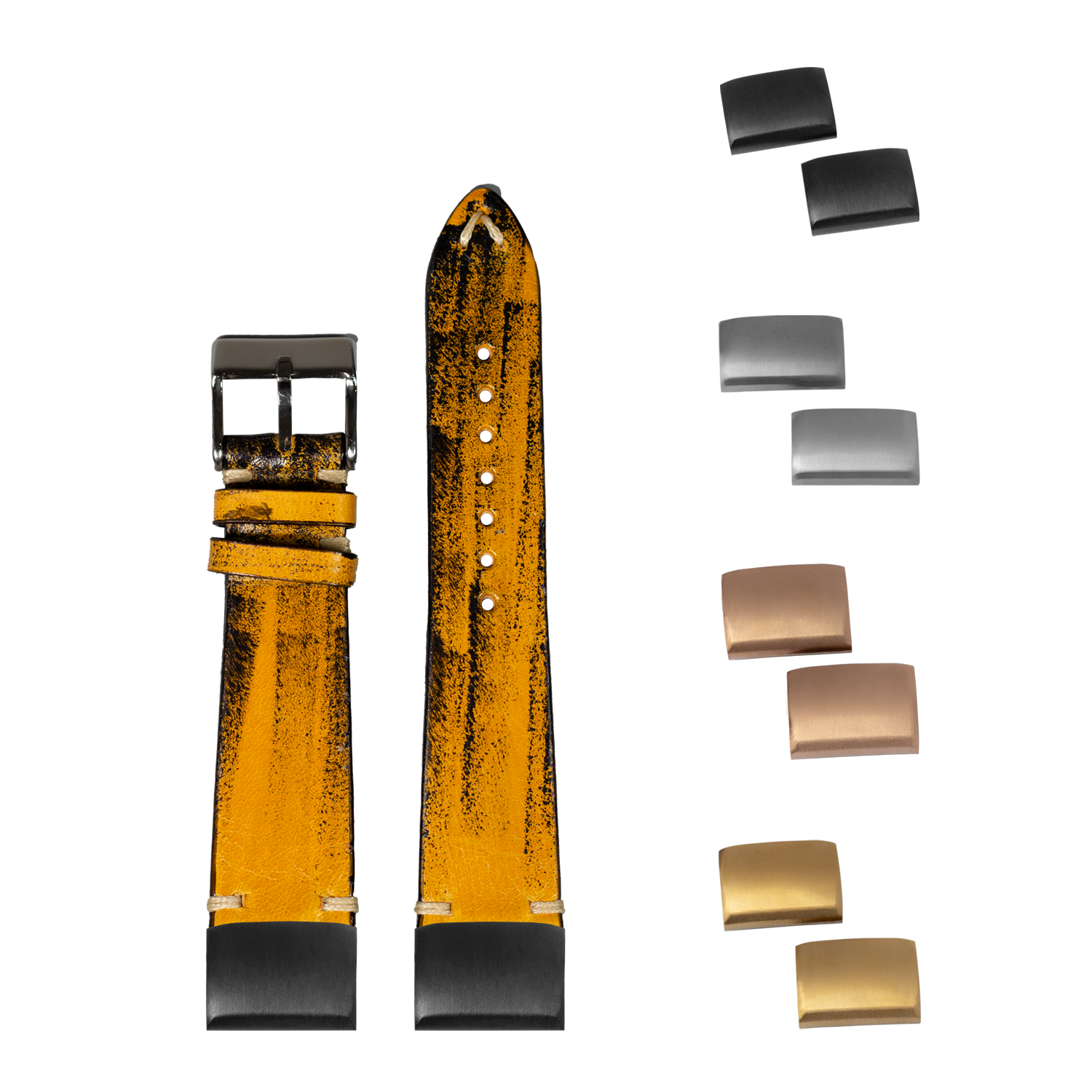 Vintage yellow leather watch strap with distressed finish, quick-fit system, and interchangeable metal buckles in black, silver, and bronze finishes