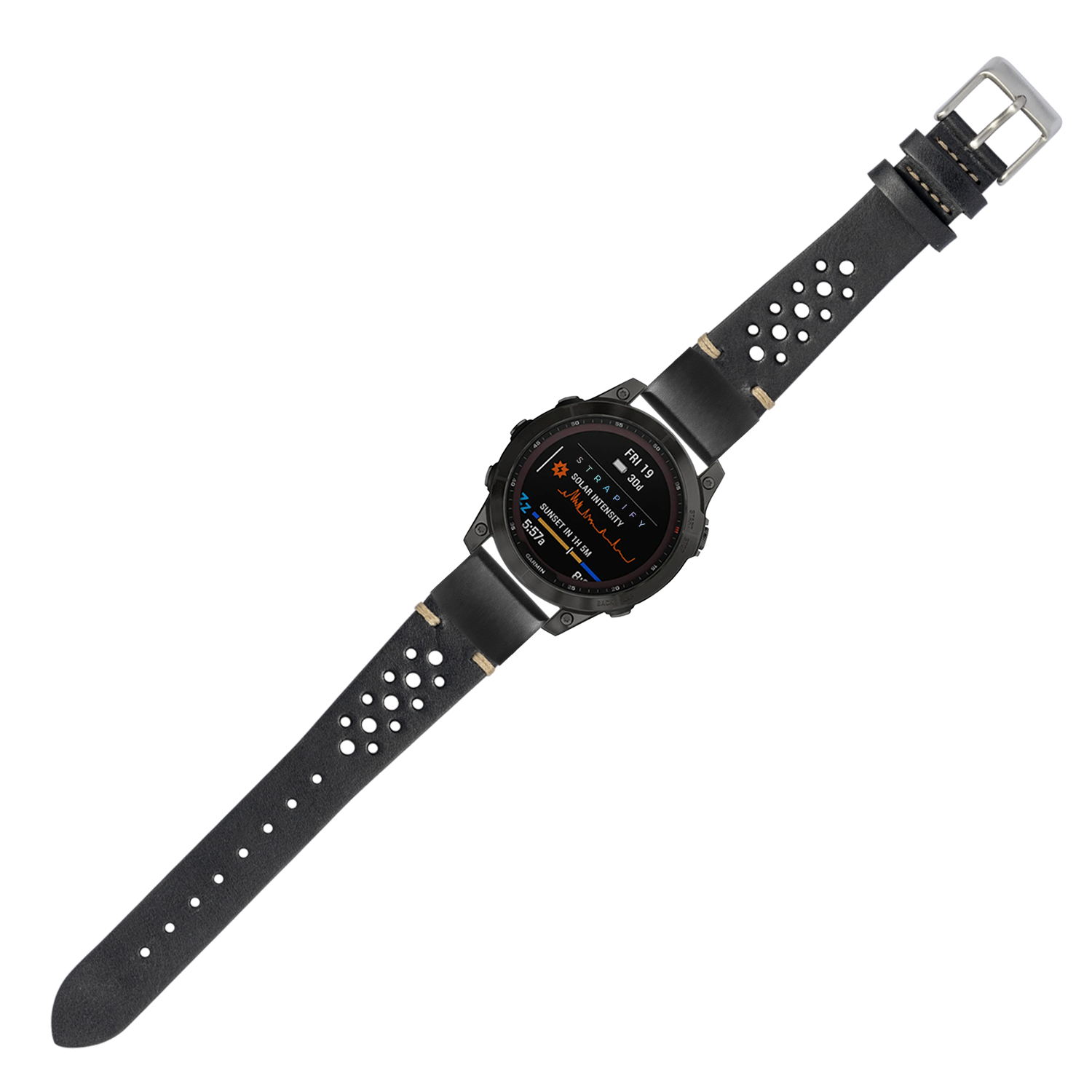 Black leather smartwatch band with perforated design and silver buckle, vintage rally style strap for 20mm watches
