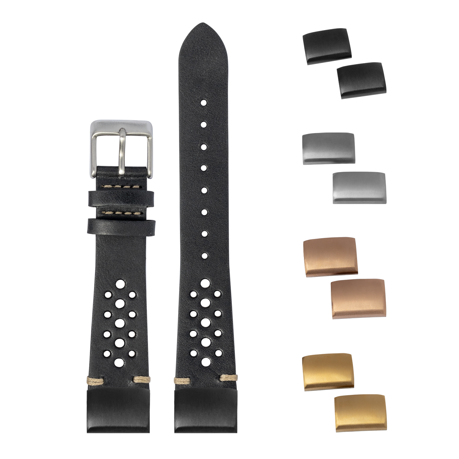 Black leather rally watch band 20mm with interchangeable metal buckles and keepers included